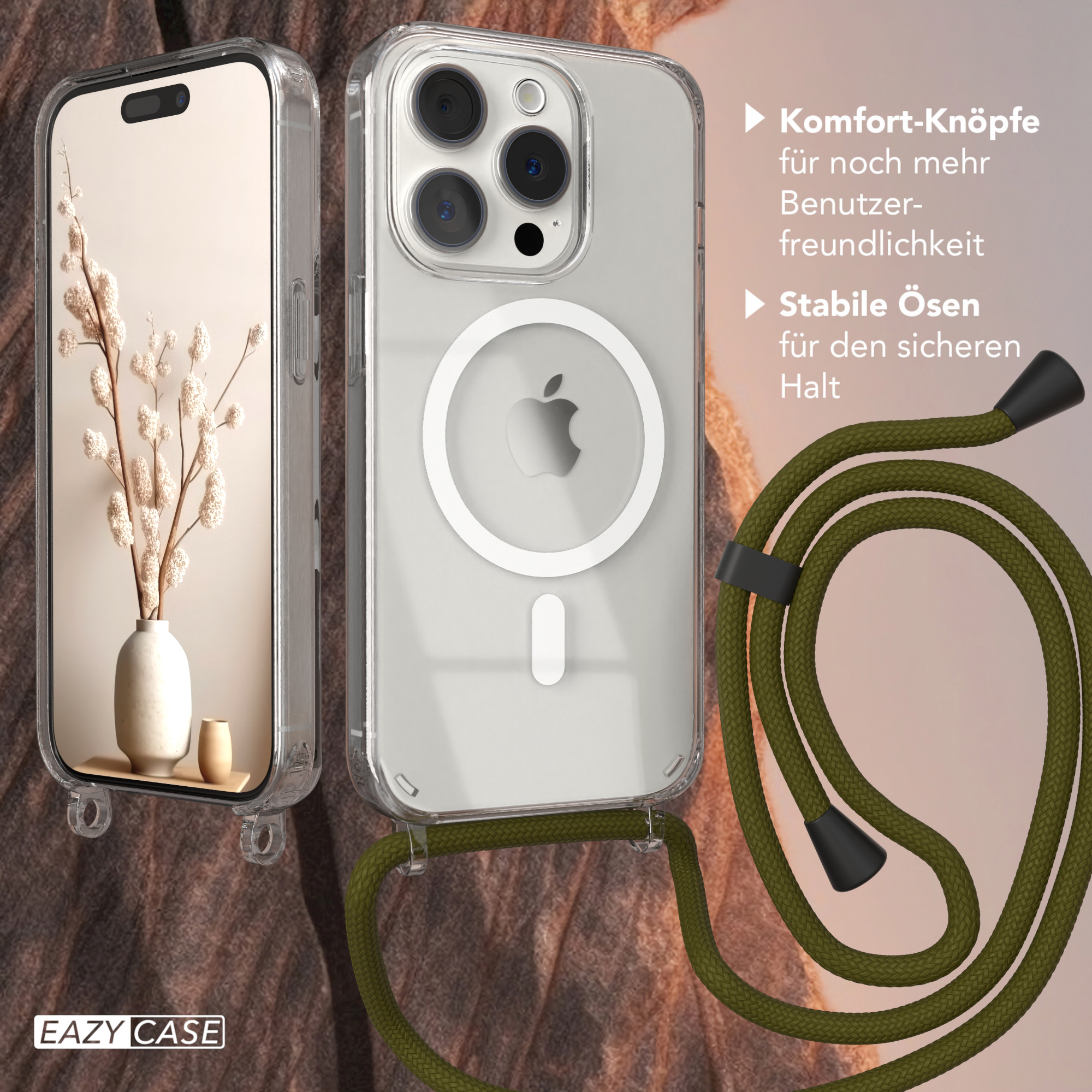 Telefon mit klarer Hülle und grünem Band, Text und einer Vase.