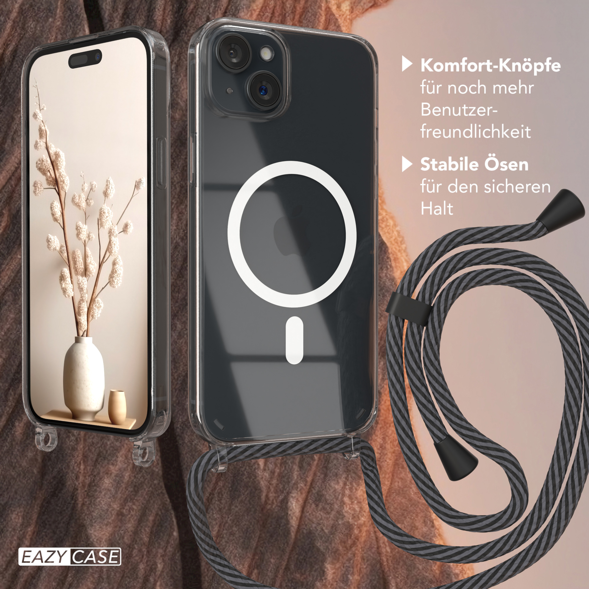 Transparente Handyhülle mit Telefon. Ein Lanyard ist befestigt. Details der Hülle und des Telefons sind sichtbar.