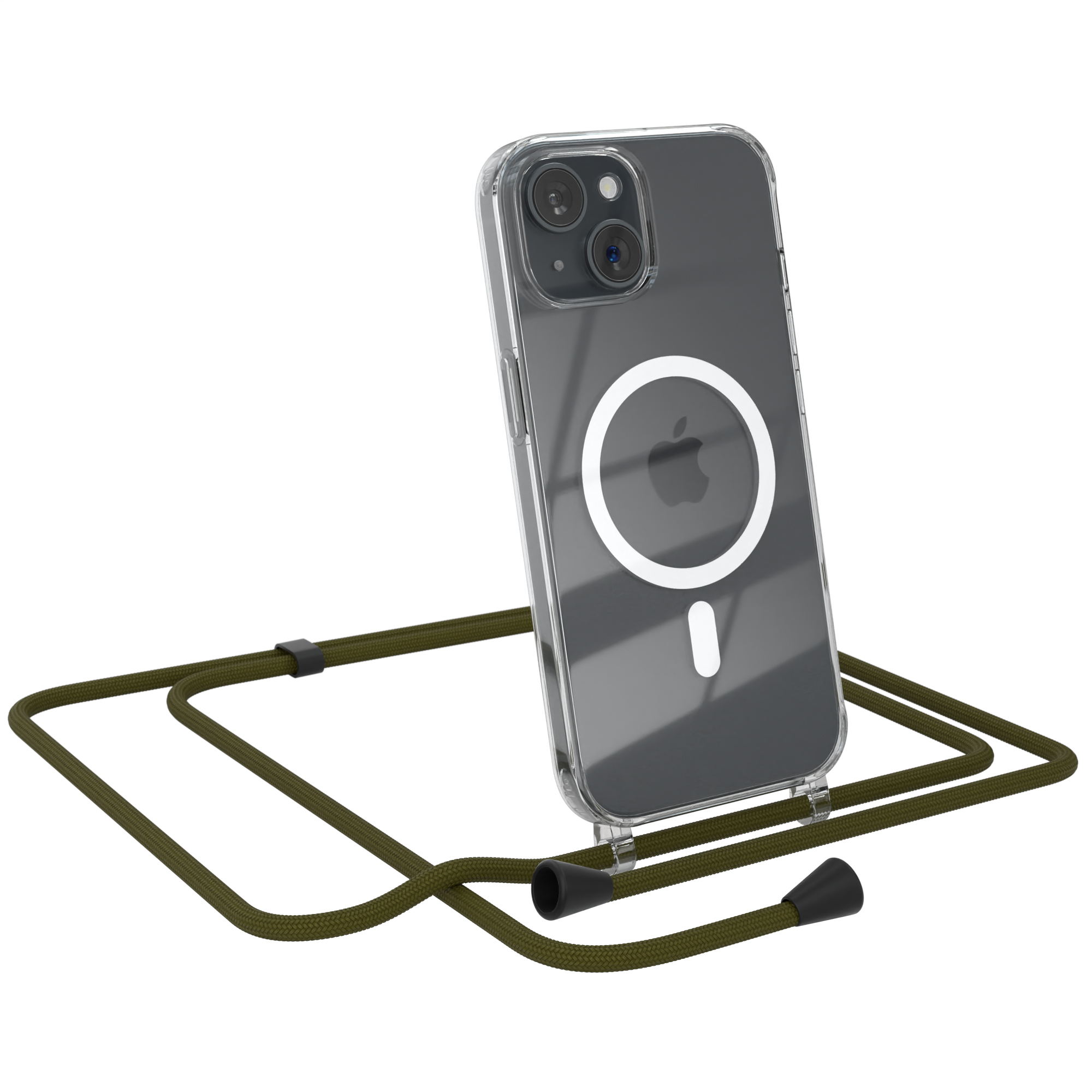 Transparente Handyhülle mit grünem Band. iPhone sichtbar. Weißes Apple-Logo auf der Rückseite.
