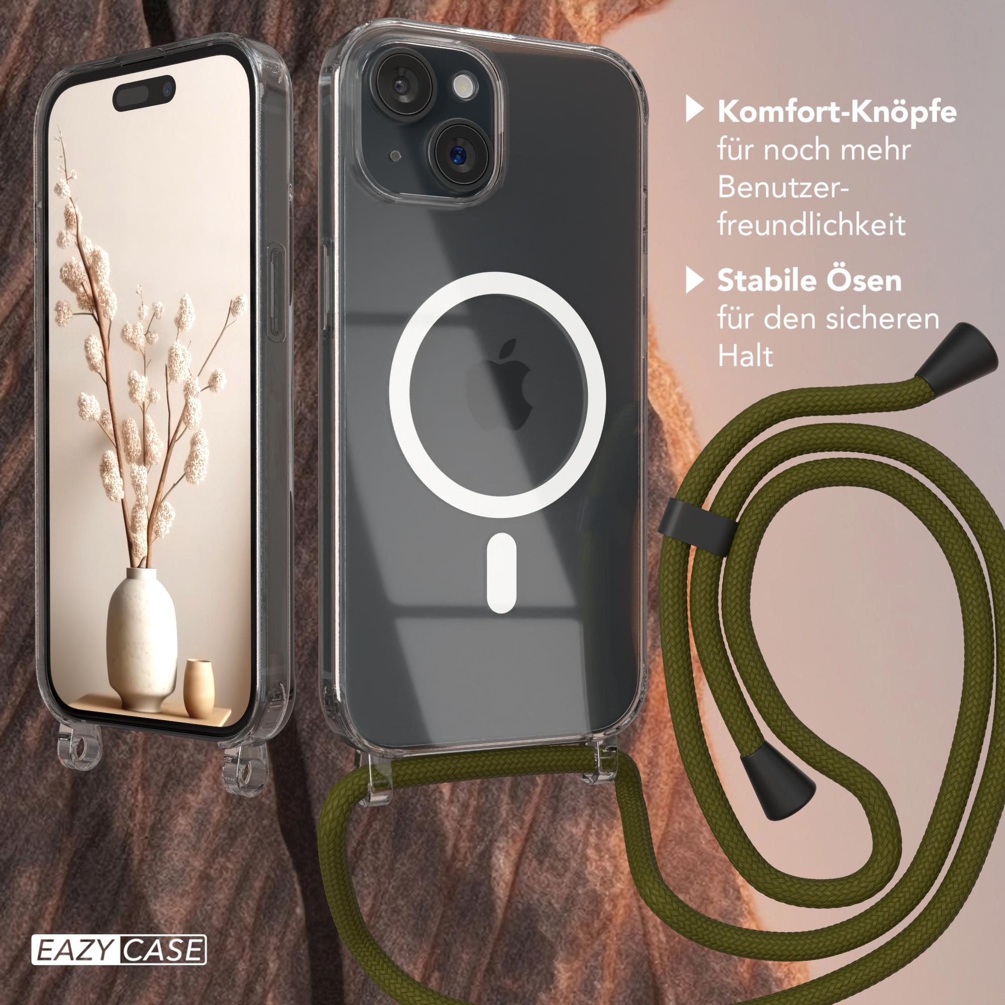 Transparente Handyhülle mit Telefon, grüner Schnur, Text beschreibt Funktionen und Design.
