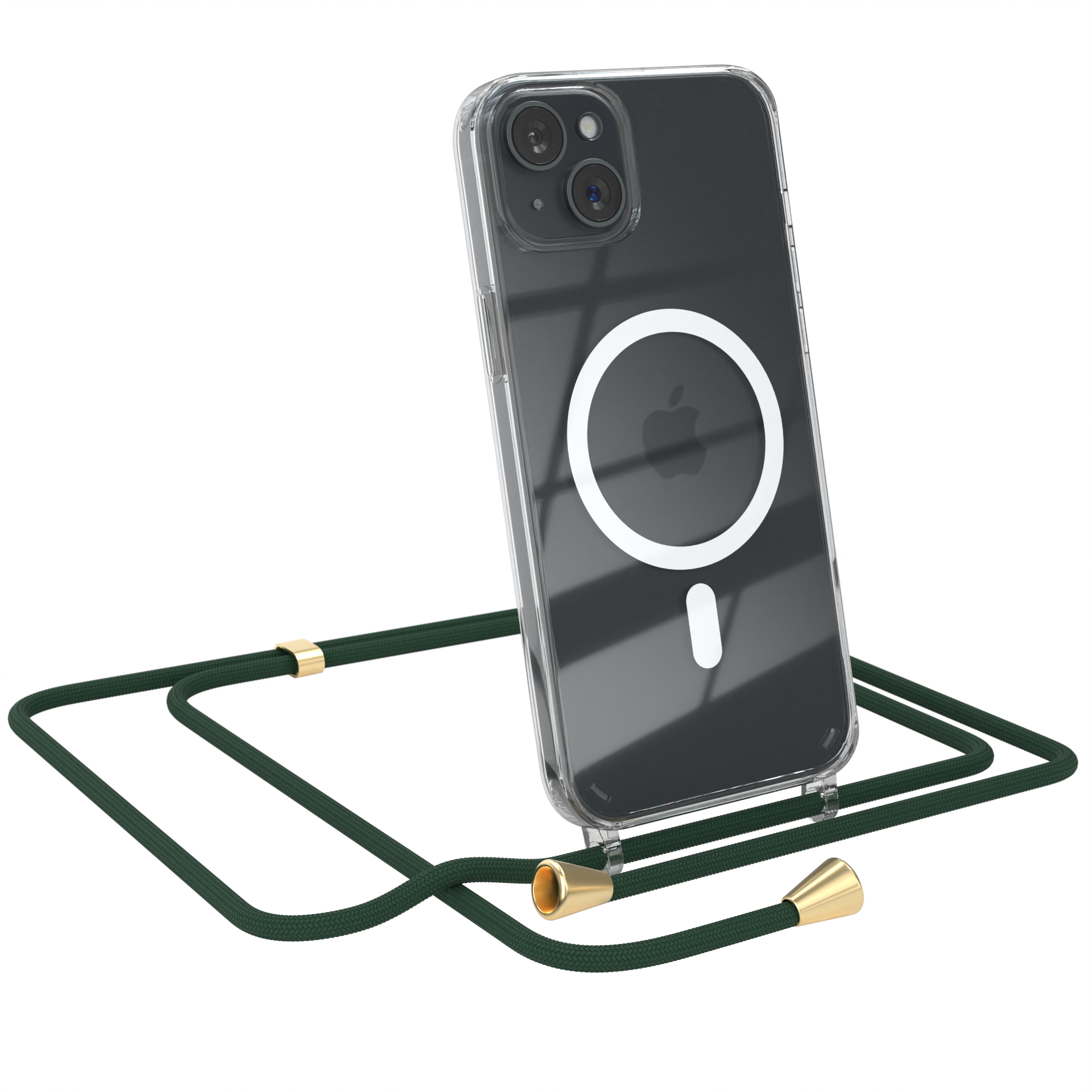 Eine transparente Handyhülle mit grüner Kordel, mit einem Telefon darin.