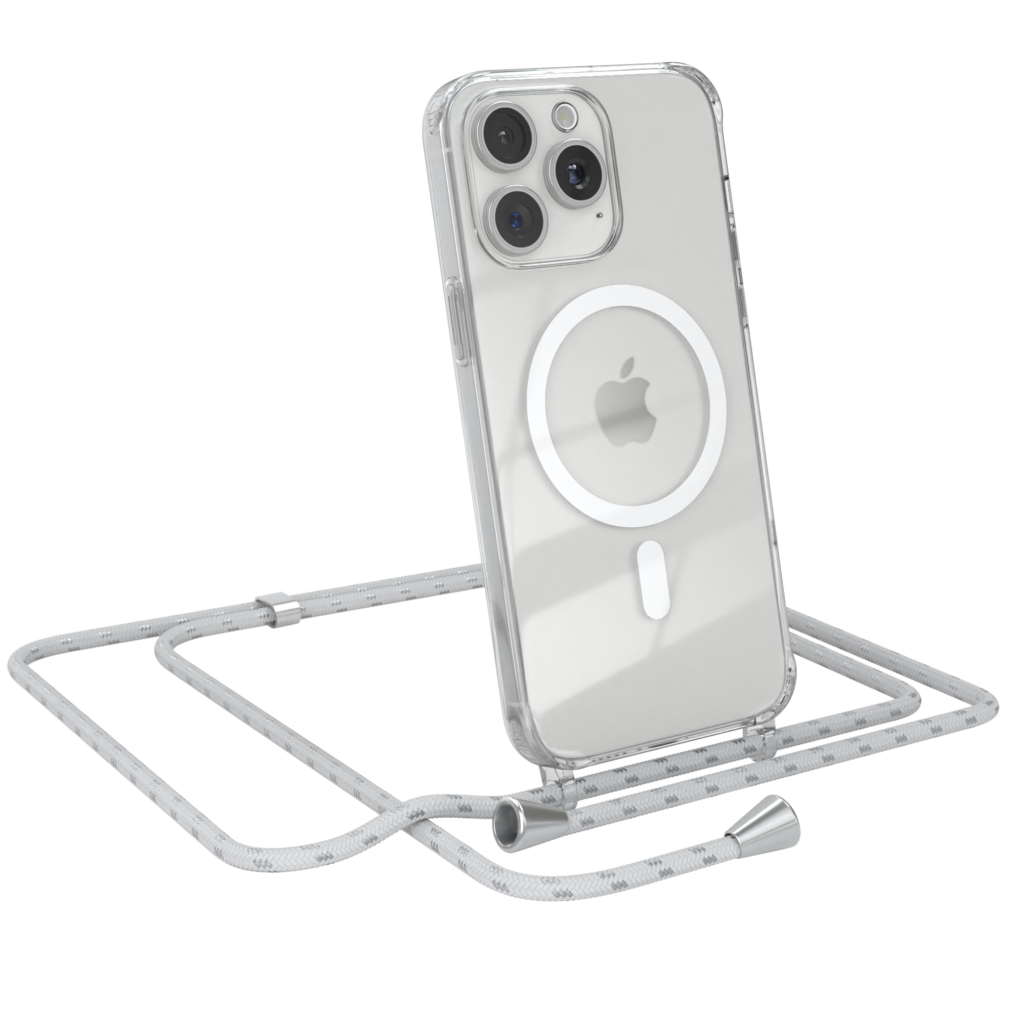 EAZY CASE Apple, Max, Hülle Weiß Magsafe Silber iPhone Handykette, Pro Clips 15 Umhängetasche, mit 