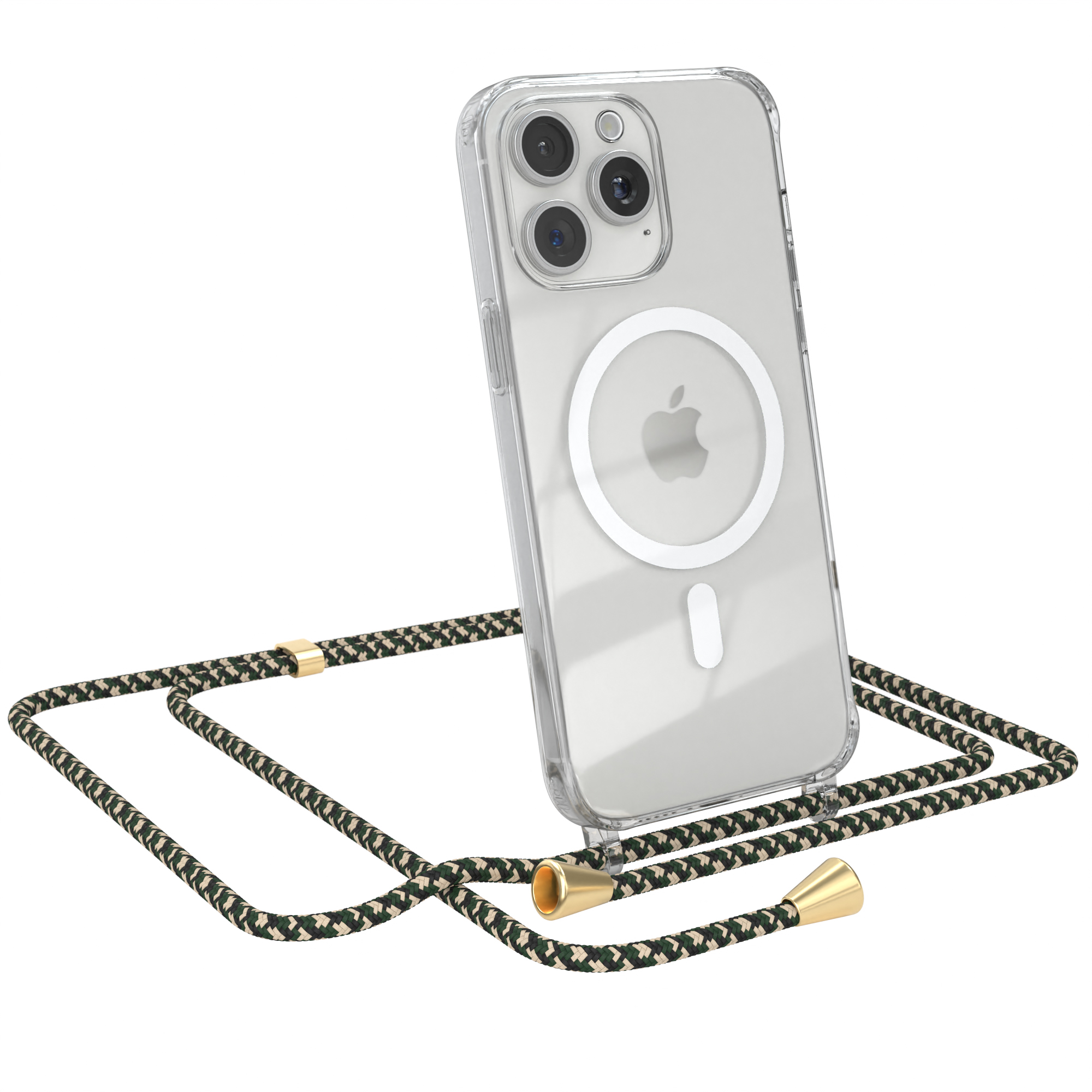 Transparente Handyhülle mit Lanyard, zeigt Telefon und Lanyard mit Hülle.