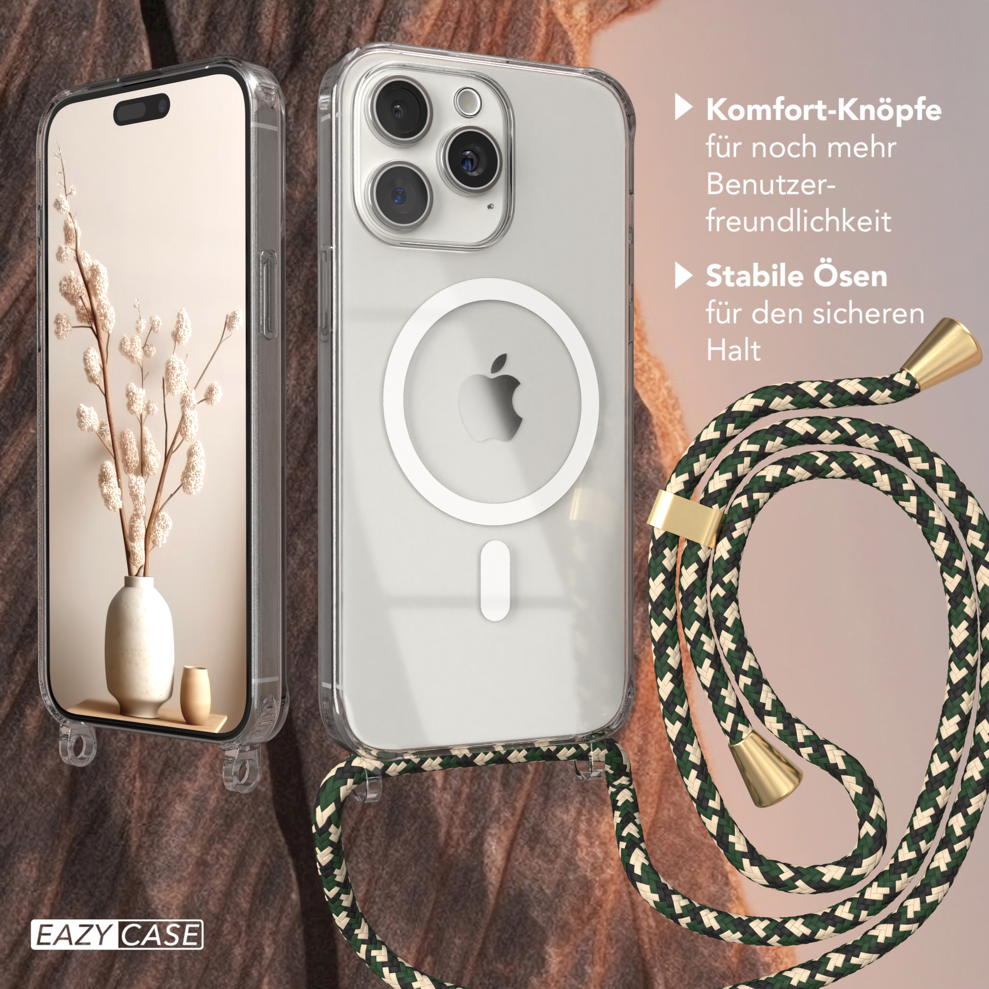 EAZY CASE Grün Apple, Umhängetasche, Handykette, iPhone Pro Gold Clips Camouflage Max, / 15 Hülle Magsafe mit
