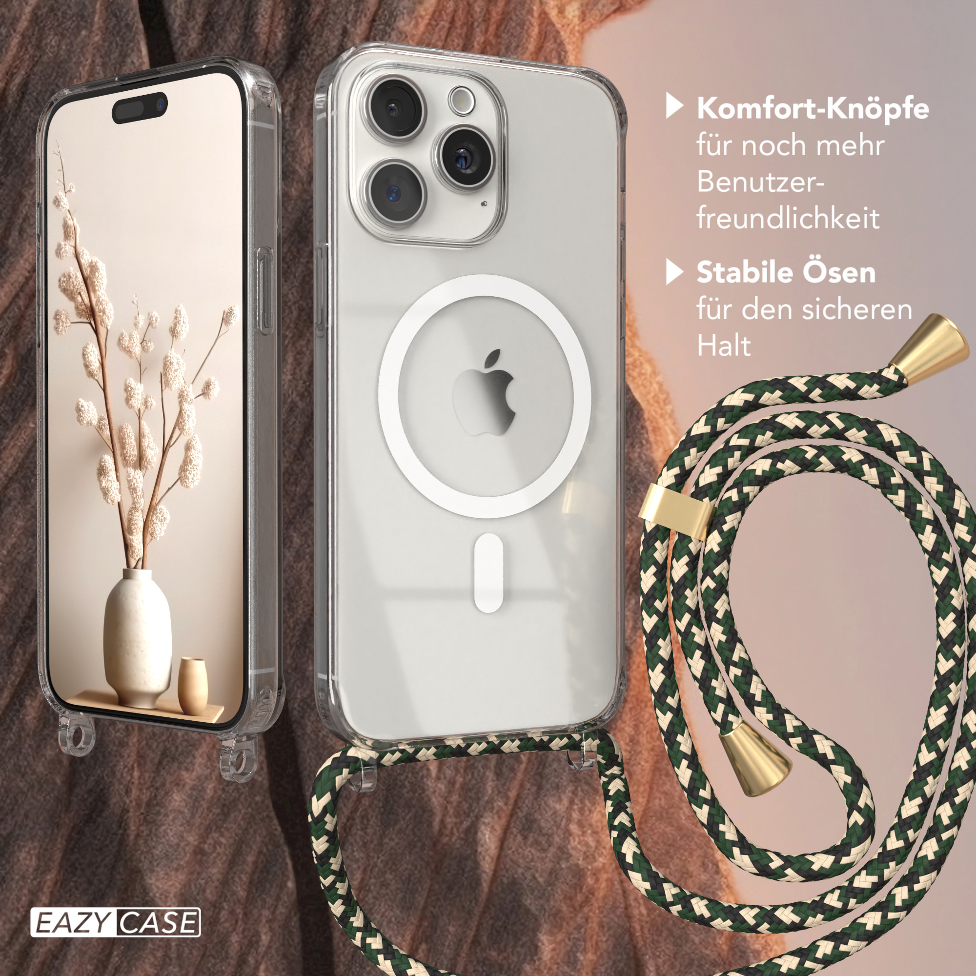 Zwei Telefone mit Hüllen, eines mit Schlüsselband. Es gibt eine Vase mit Pflanzen und einen Tisch.