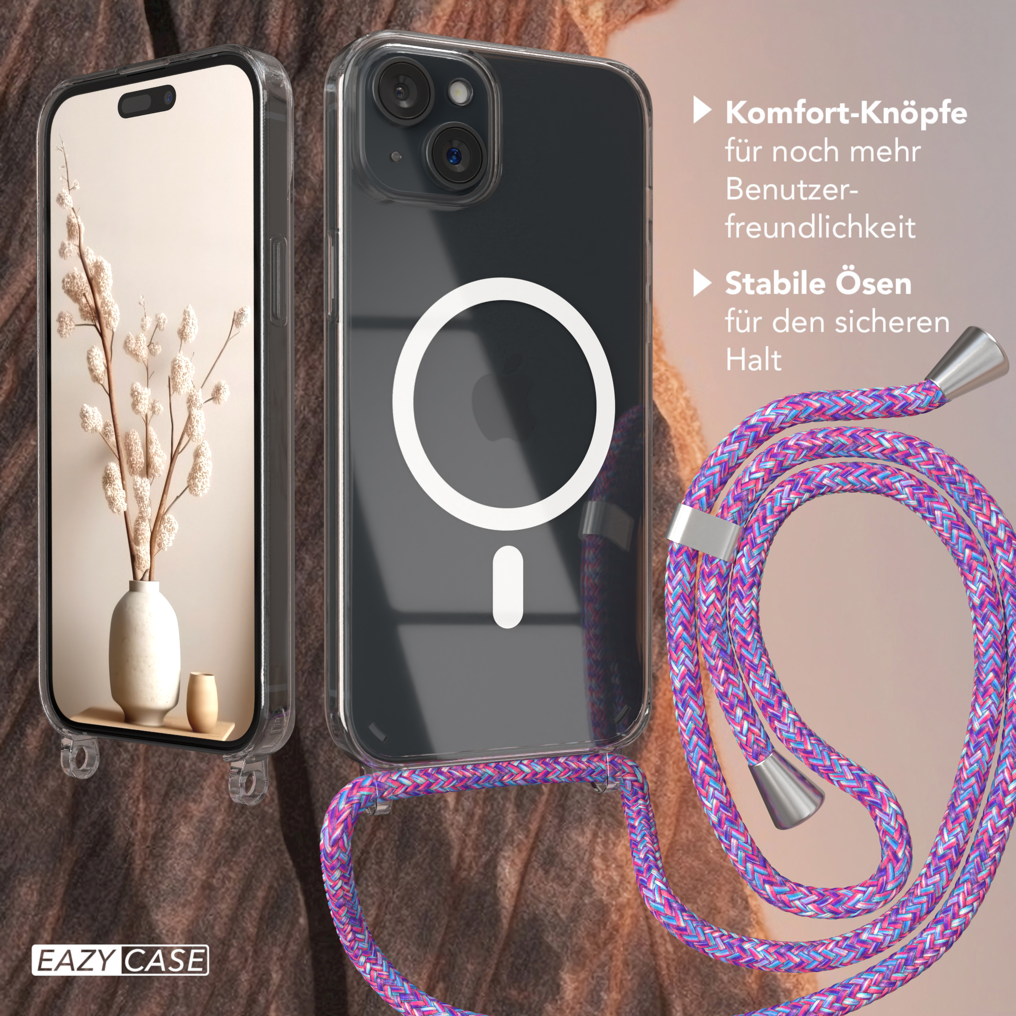 Handyhülle mit Telefon, Kordel. Transparente Hülle, weißes Telefon, rosa Kordel, weißer Hintergrund. Vase mit Pflanze.