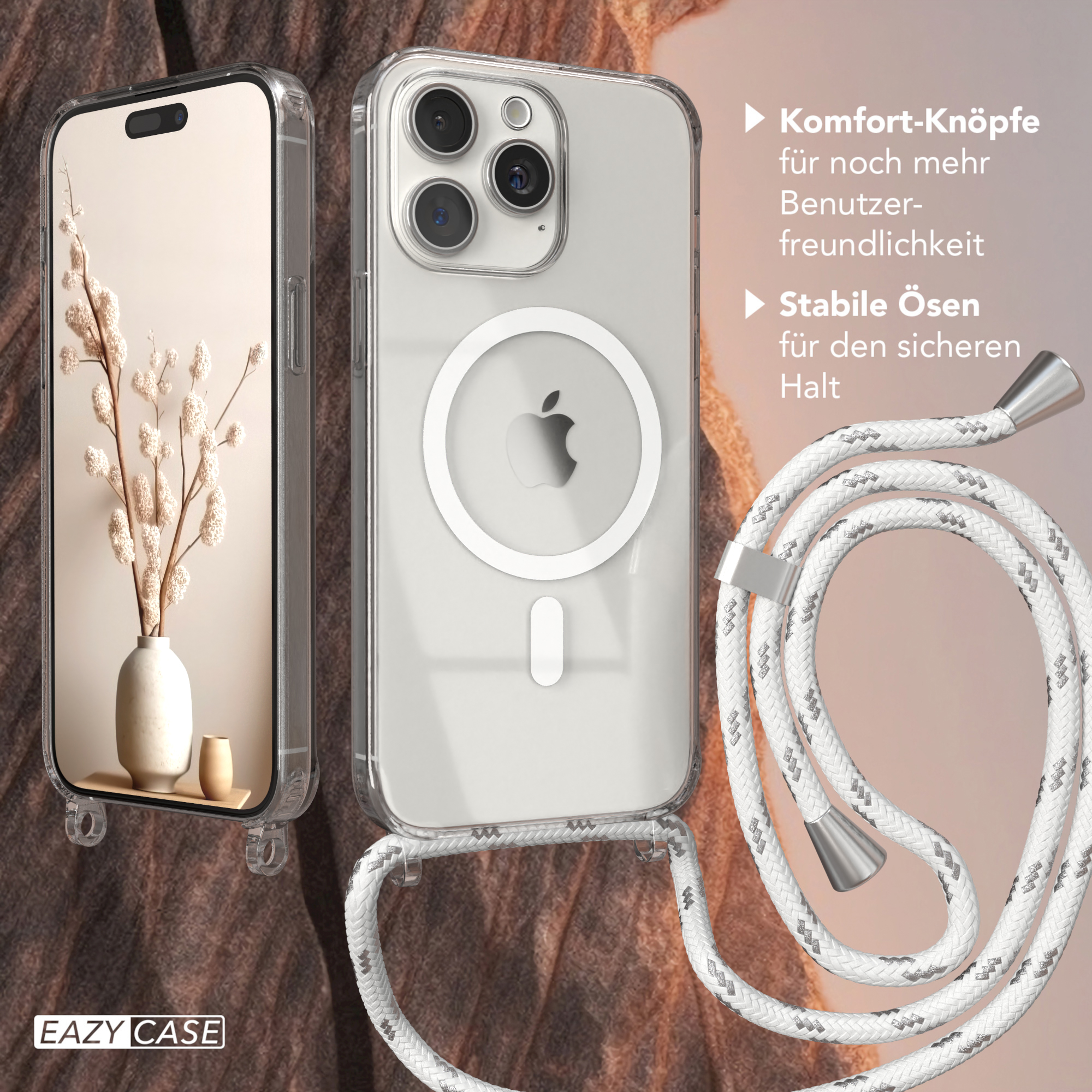 Apple, / Hülle EAZY Clips Weiß Magsafe 15 Handykette, Silber mit Max, Pro iPhone Umhängetasche, CASE