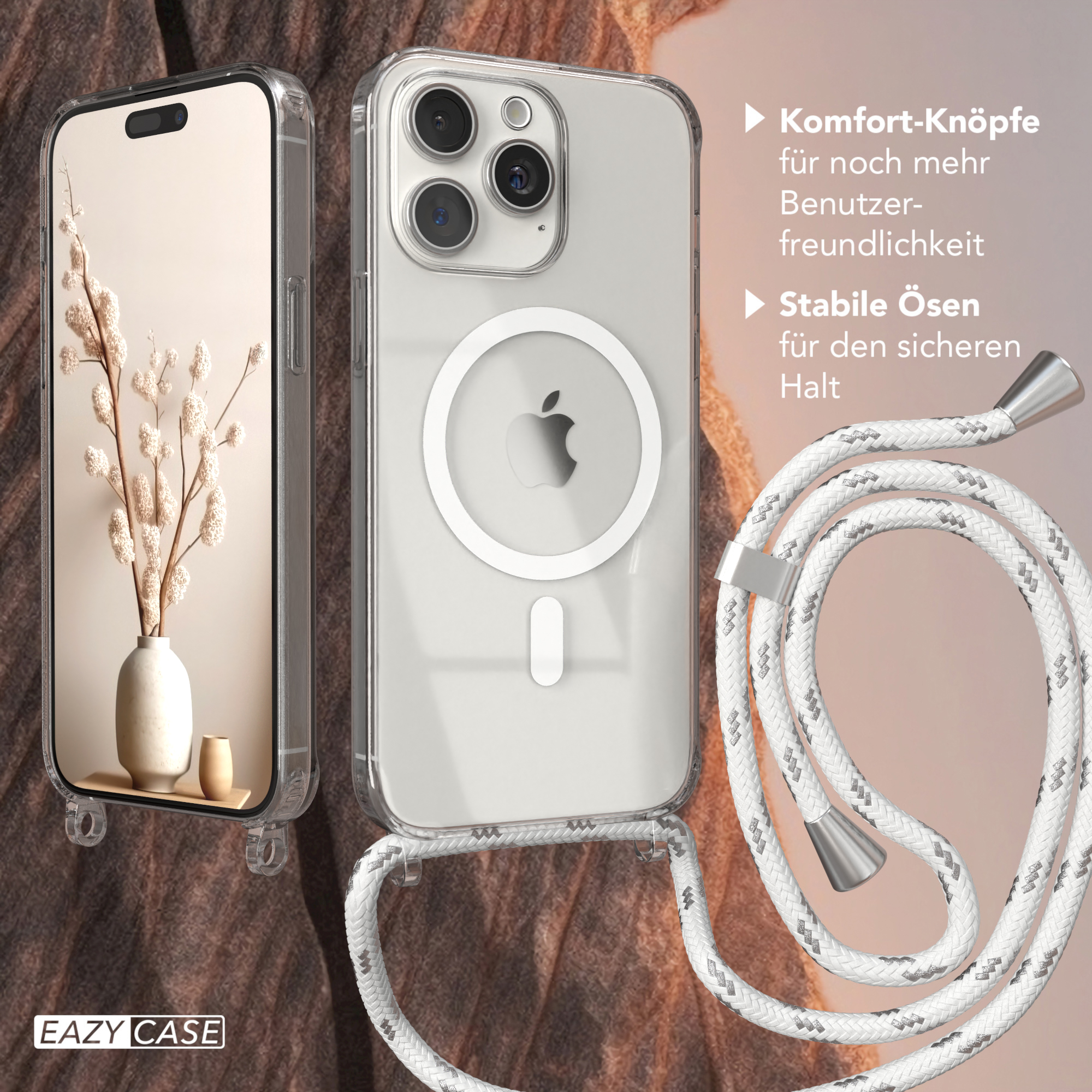Eine Handyhülle mit weißem und grauem Kabel. Text: Komfort-Knöpfe, Stabile Ösen. Vase mit Blumen links.