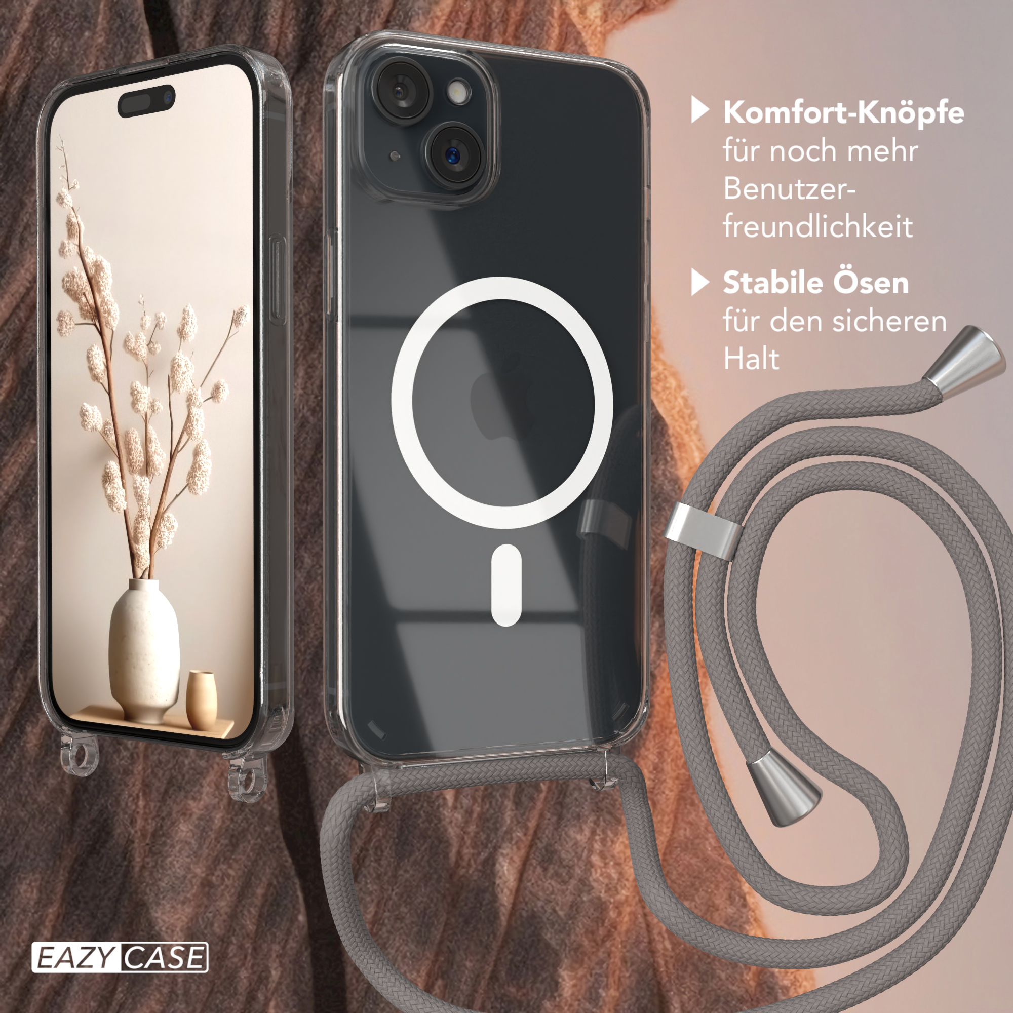 Klarer Telefonkasten mit Telefon, Kasten hat einen Riemen. Telefon hat einen weißen Kreis. Der Hintergrund ist braun.