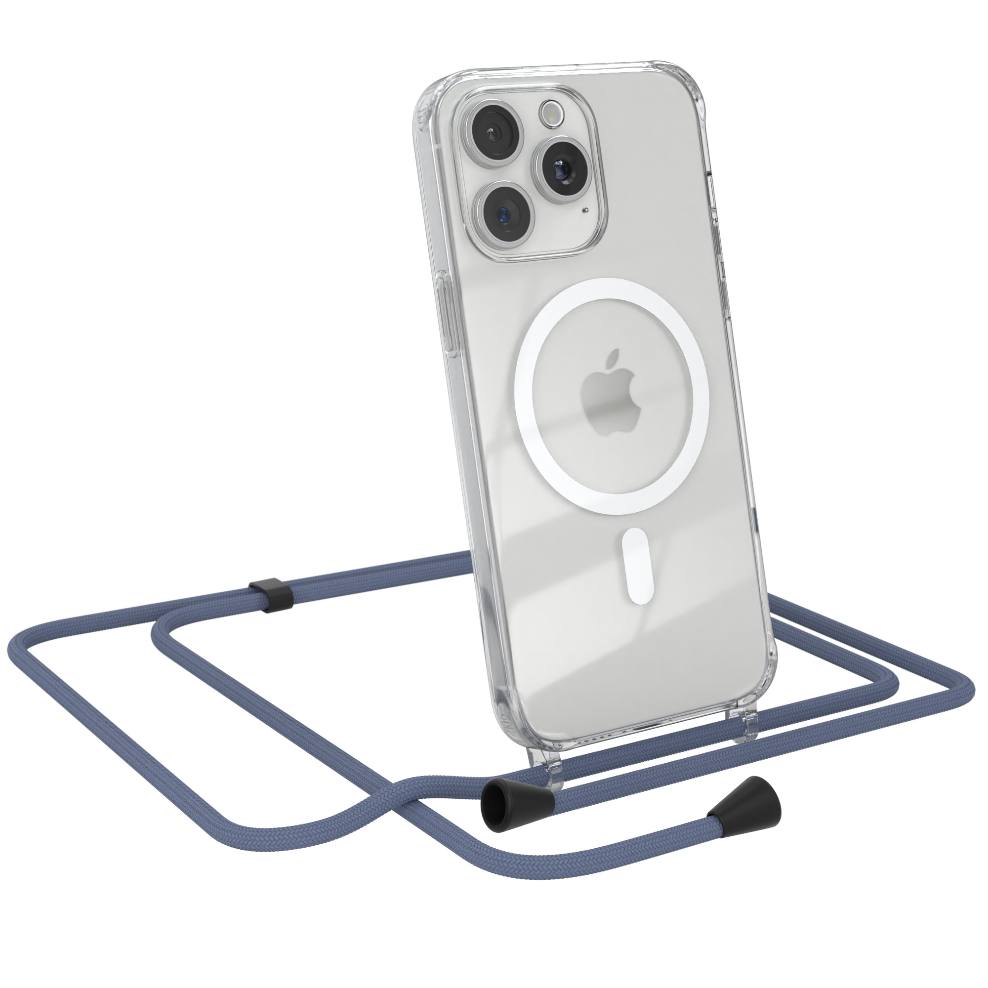 Transparente Handyhülle mit blauem Gurt. Das Telefon ist angewinkelt, Gurt ist verbunden.