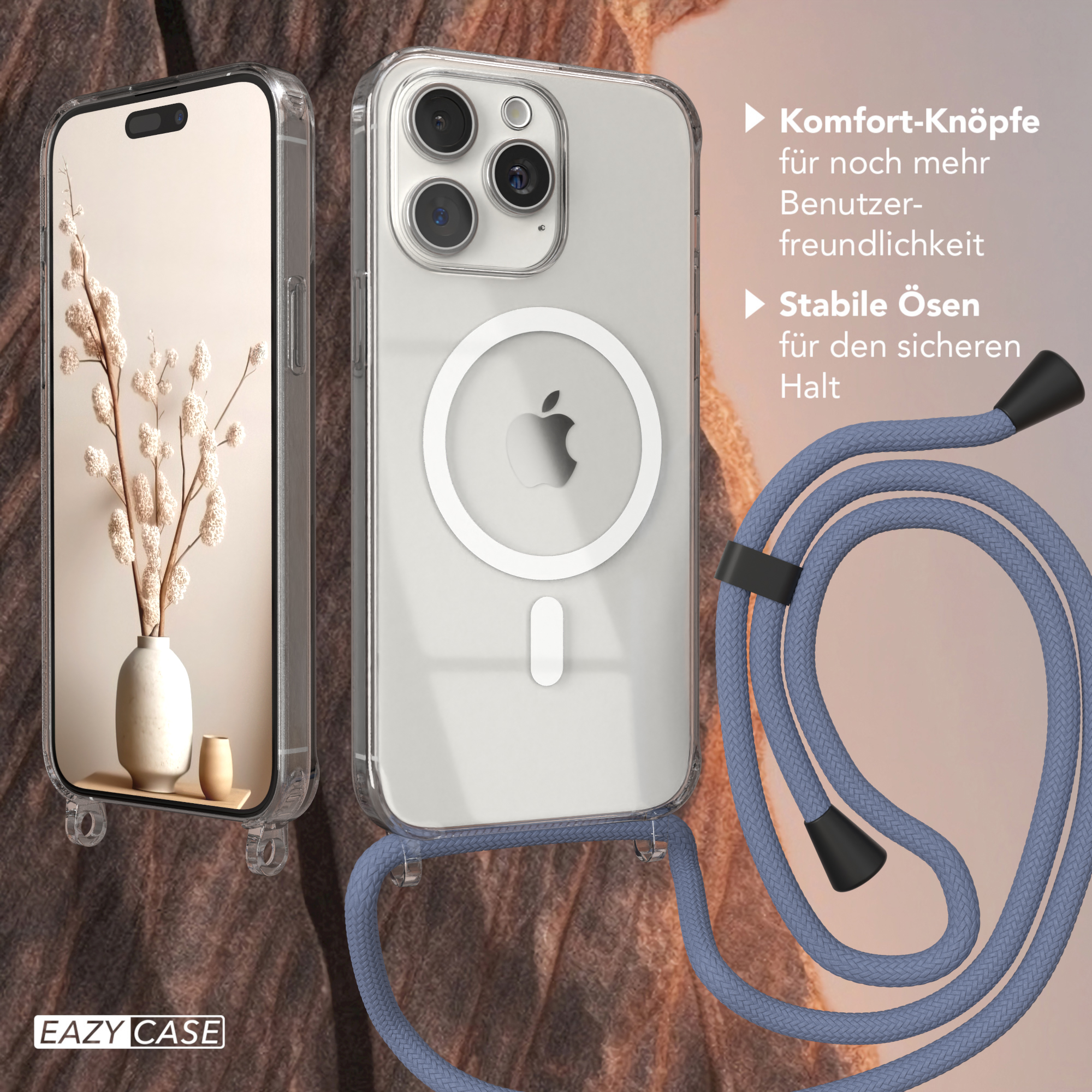 Eine Handyhülle, ein Telefon mit Hülle und ein Schlüsselband werden gezeigt. Die Hülle hat eine transparente Rückseite und ist blau.