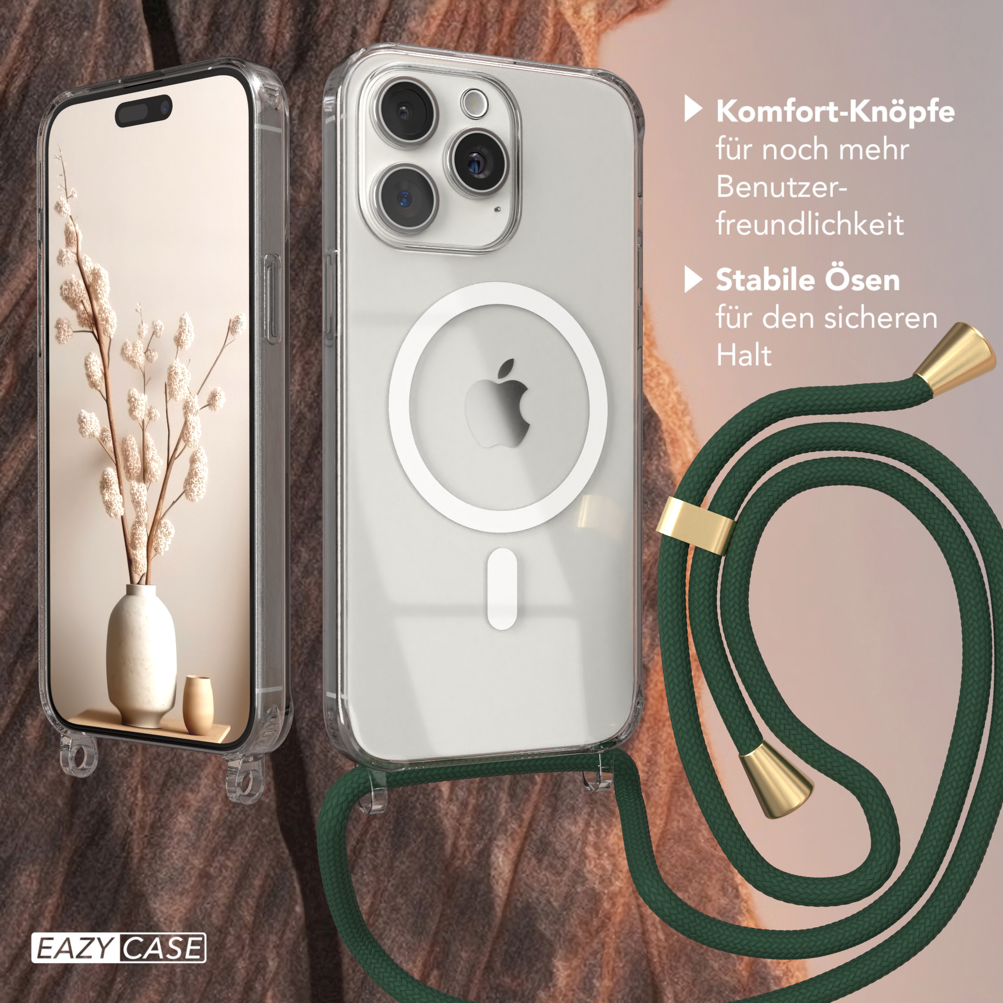 Zwei Telefone, eines mit Hülle und das andere mit Riemen. Text: Komfort-Knöpfe, Stabile Ösen.