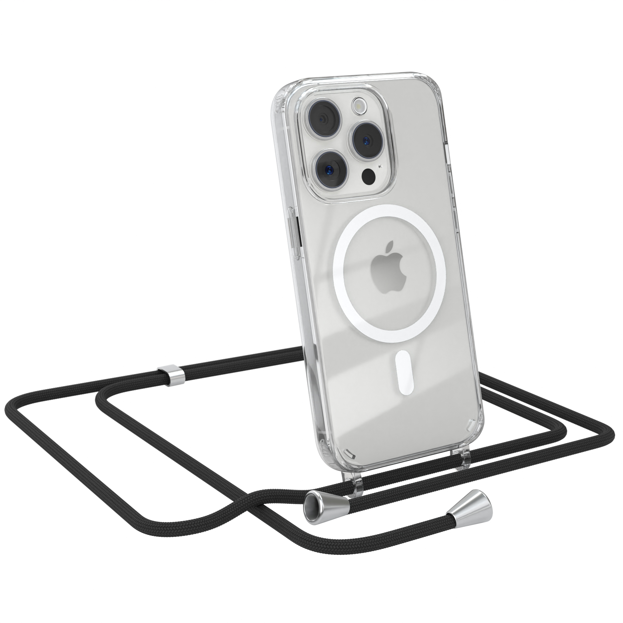 Transparente Handyhülle mit schwarzem Kabel, mit Apple-Logo. Es ist an einem Telefon befestigt.