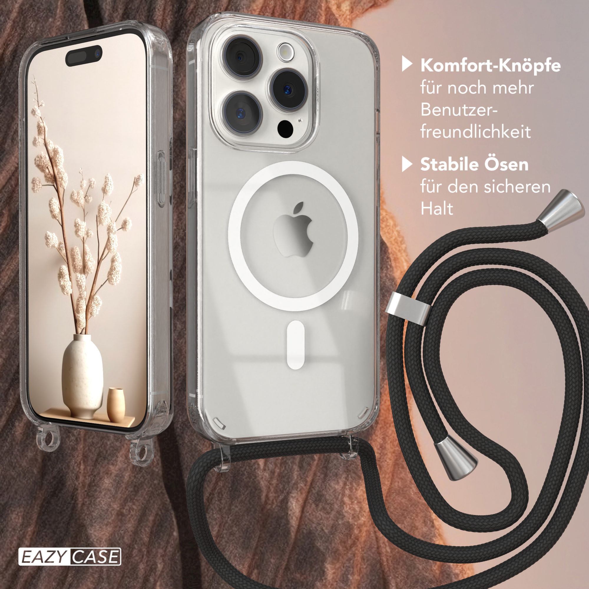 Zwei Handyhüllen mit Kordel. Eine Hülle hat ein Handy mit Baumzeichnung.