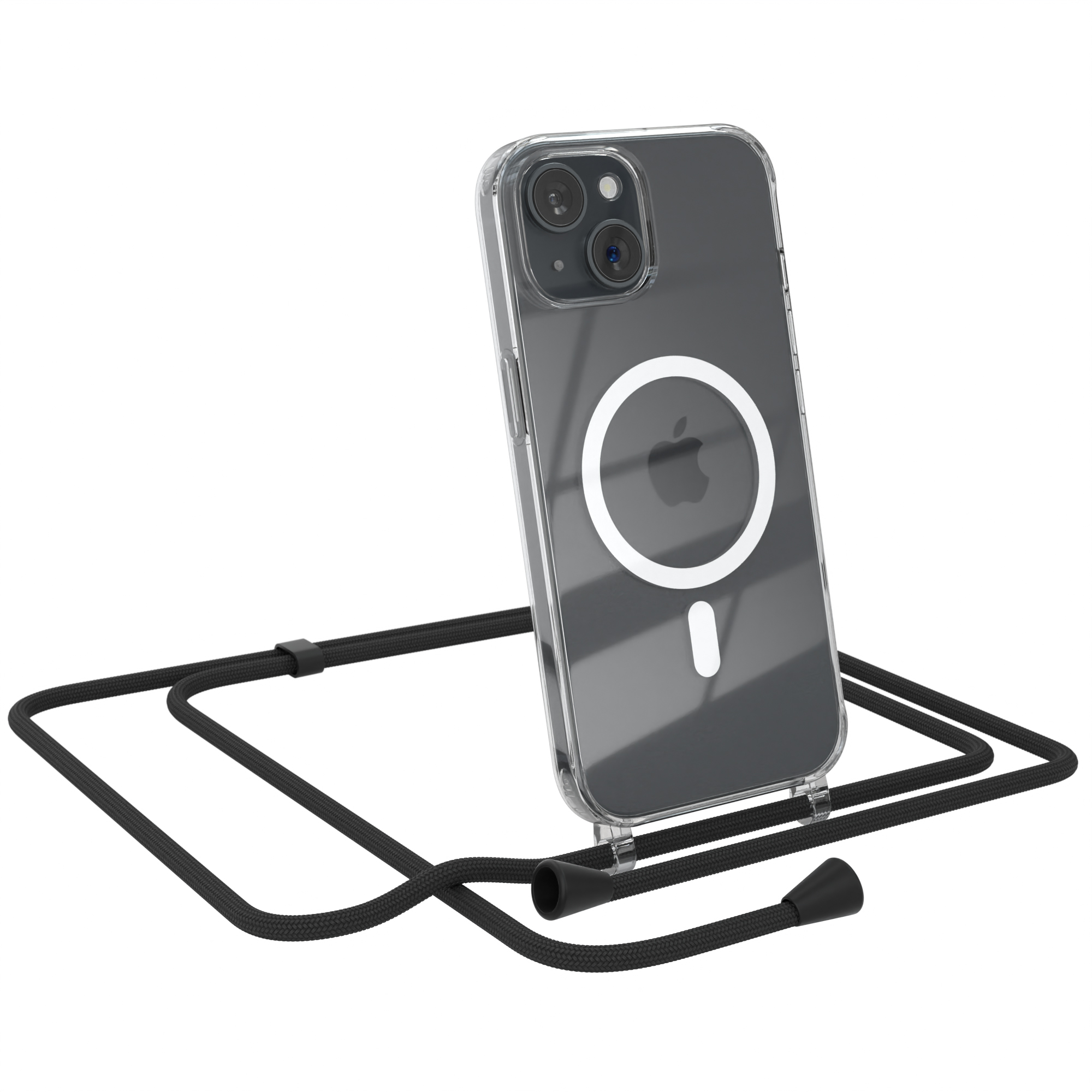 Telefon in einer transparenten Hülle mit schwarzem Umhängeband. Das Telefon hat einen weißen Kreis. Die Hülle ist transparent.