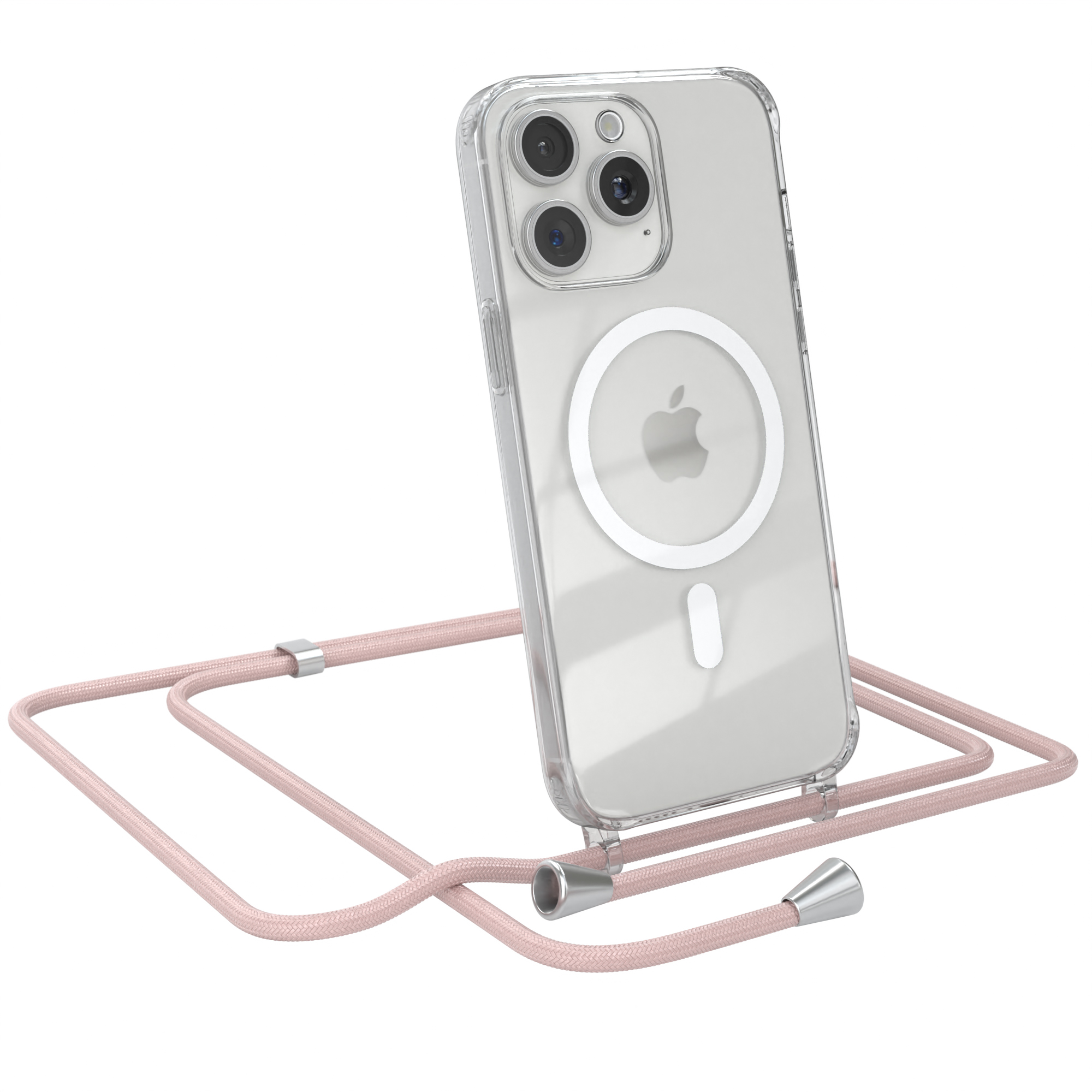 Eine transparente Handyhülle mit einem Telefon darin und einem rosa Kabel. Der Hintergrund ist weiß.