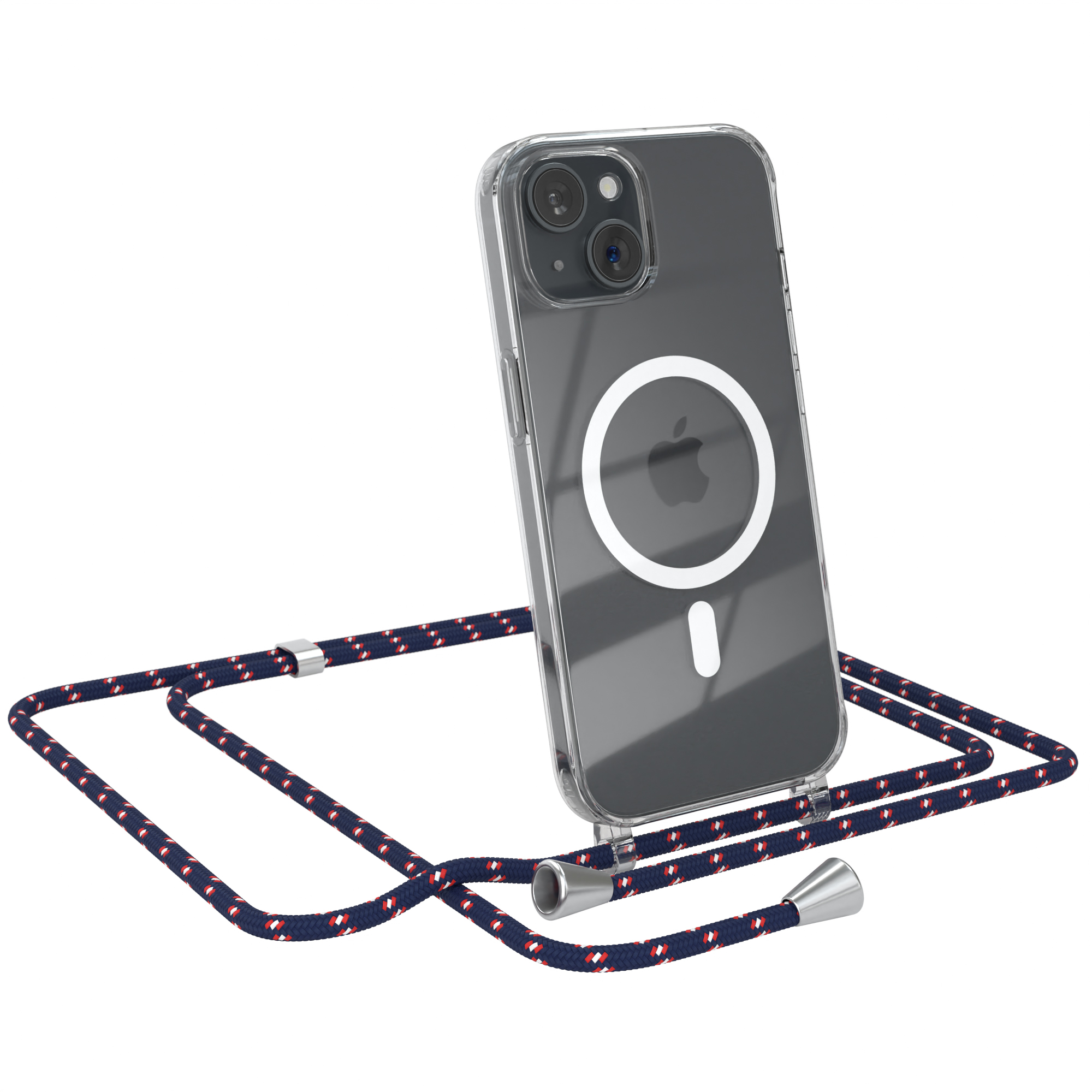 Transparente Handyhülle mit Lanyard. Das Lanyard ist blau mit rot-weißem Muster.