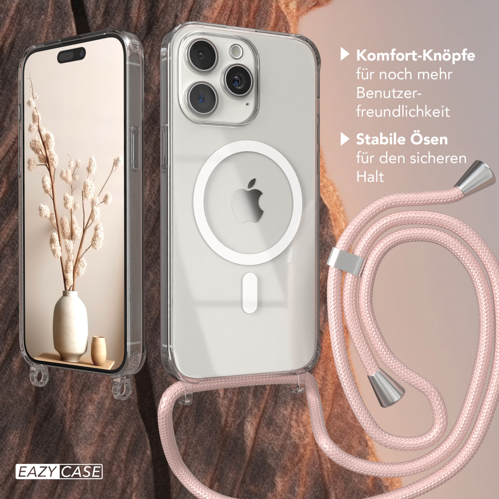 Telefon mit Hülle und pinkfarbenem Telefonband, auf braunem Hintergrund.
