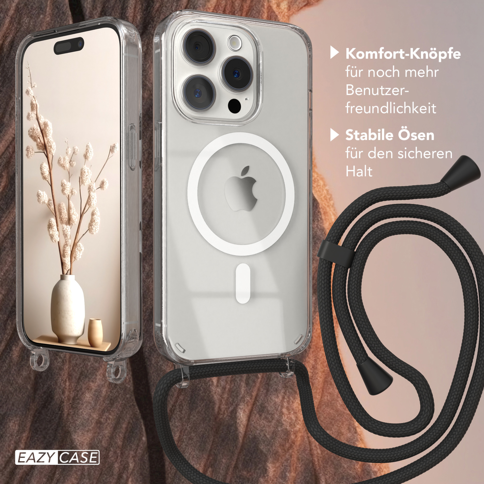 Transparente Handyhülle mit schwarzem Riemen und weiße Vase mit Pflanzen im Hintergrund.