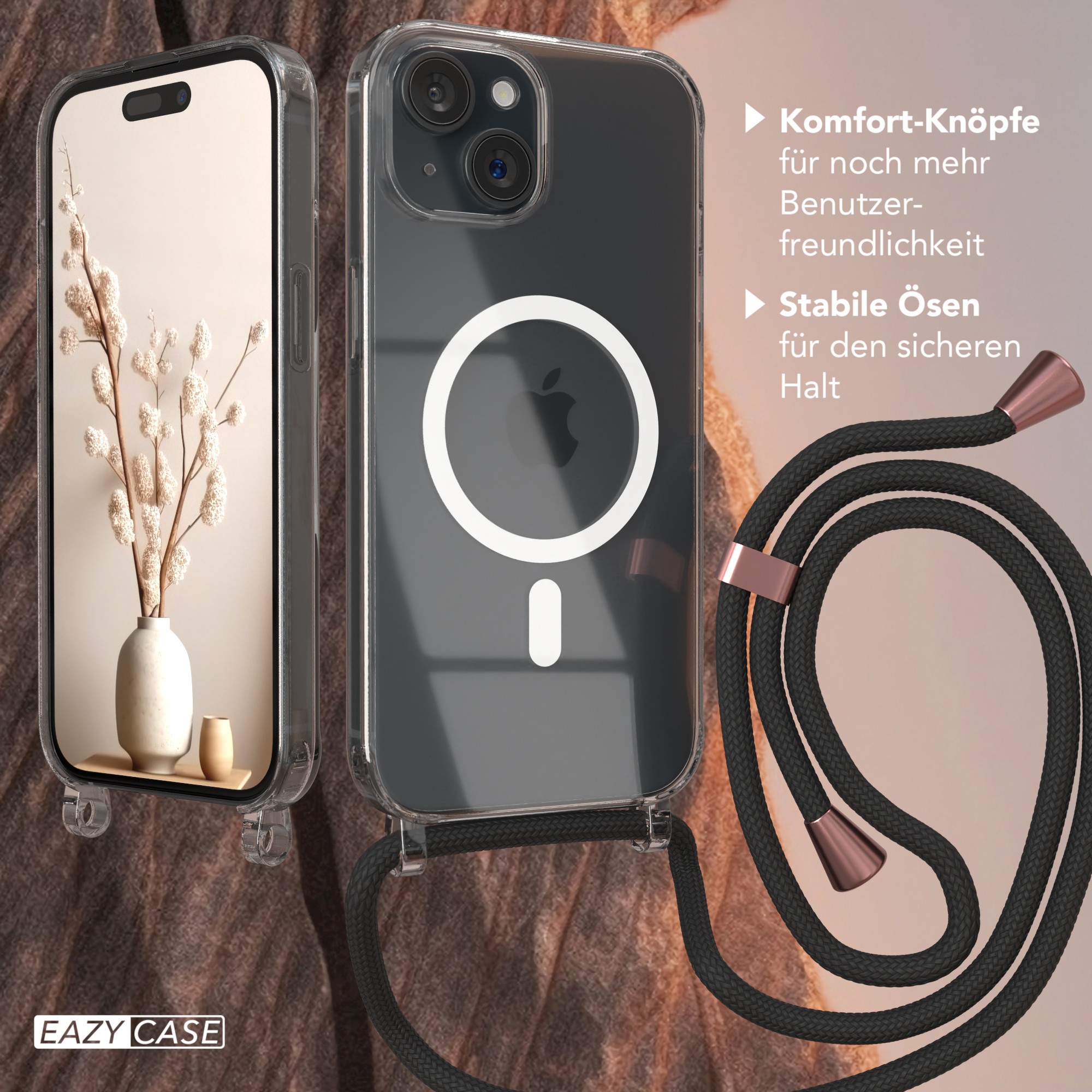 Transparente Handyhülle mit Trageband und Telefon. Das Telefon hat einen ringförmigen Magneten.