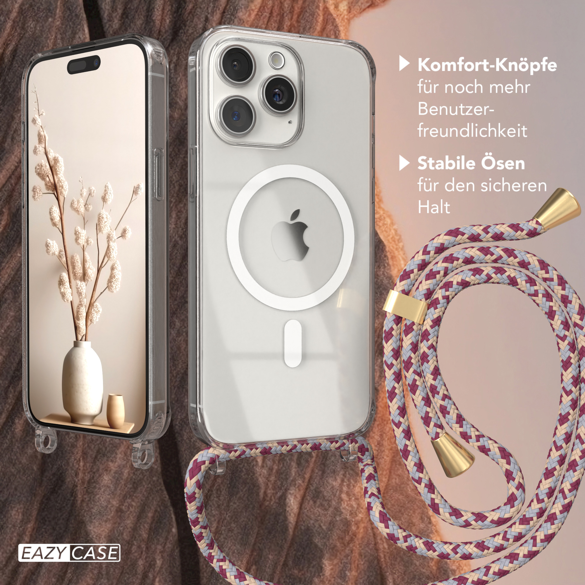 Gold 15 Pro Max, Hülle Apple, / Clips CASE iPhone Umhängetasche, mit Beige Camouflage Magsafe Rot Handykette, EAZY
