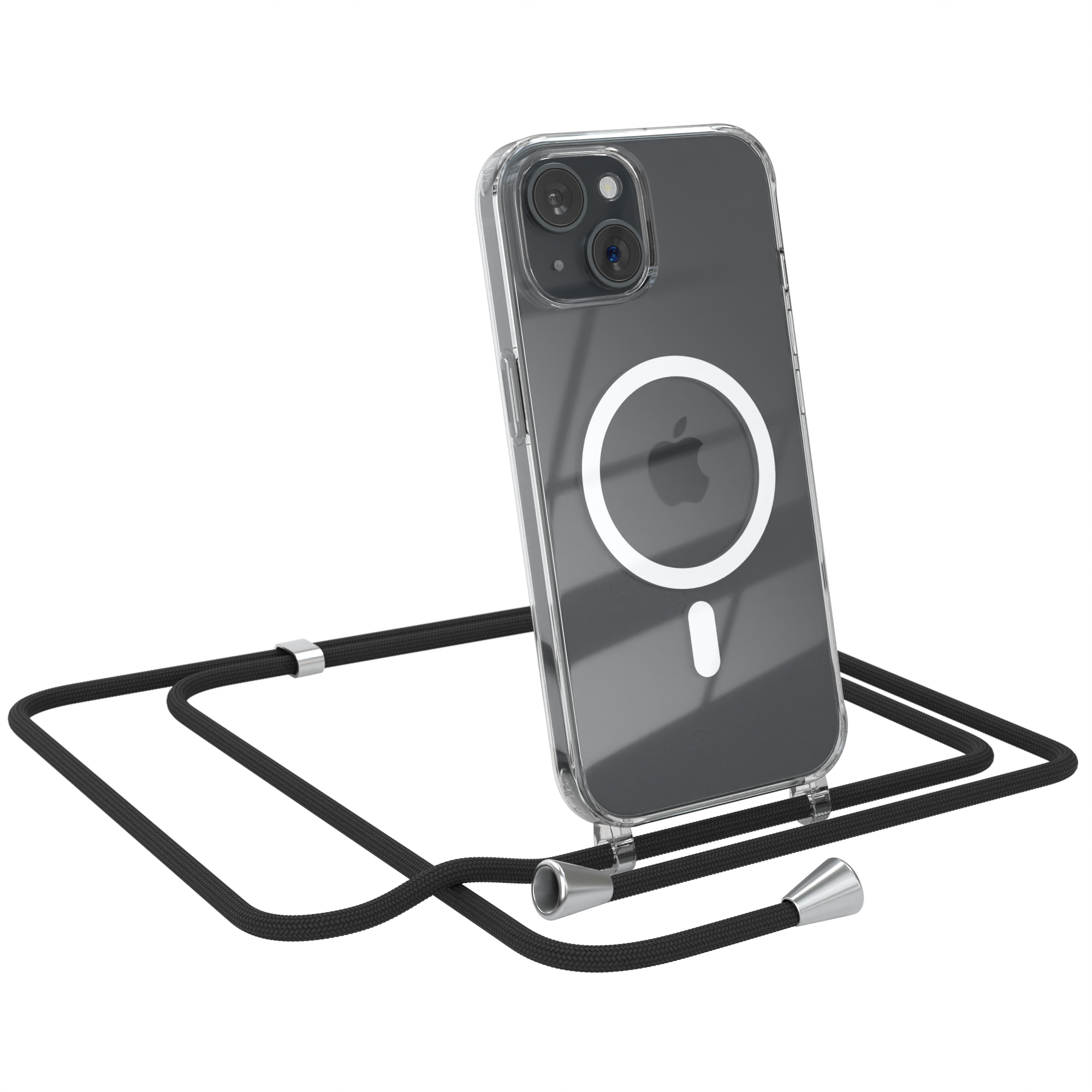Transparente Handyhülle mit Apple-Logo und Kordel. Schwarze Kordel mit silbernen Enden.