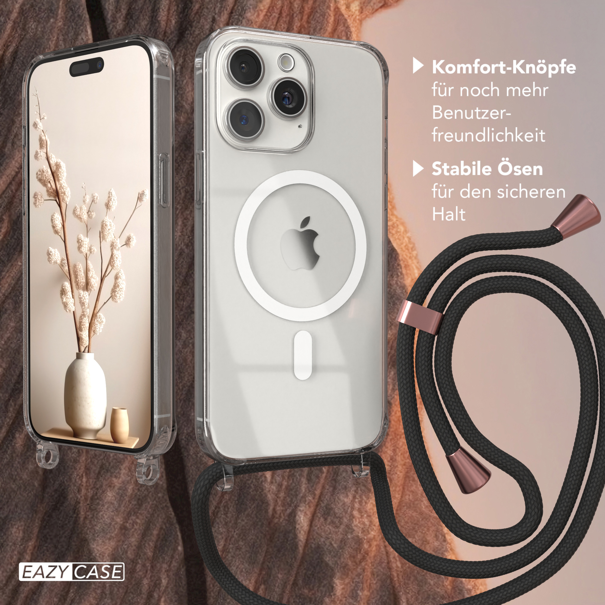 Zwei Handyhüllen mit Telefon und Lanyard neben einer weißen Vase mit einer Pflanze.