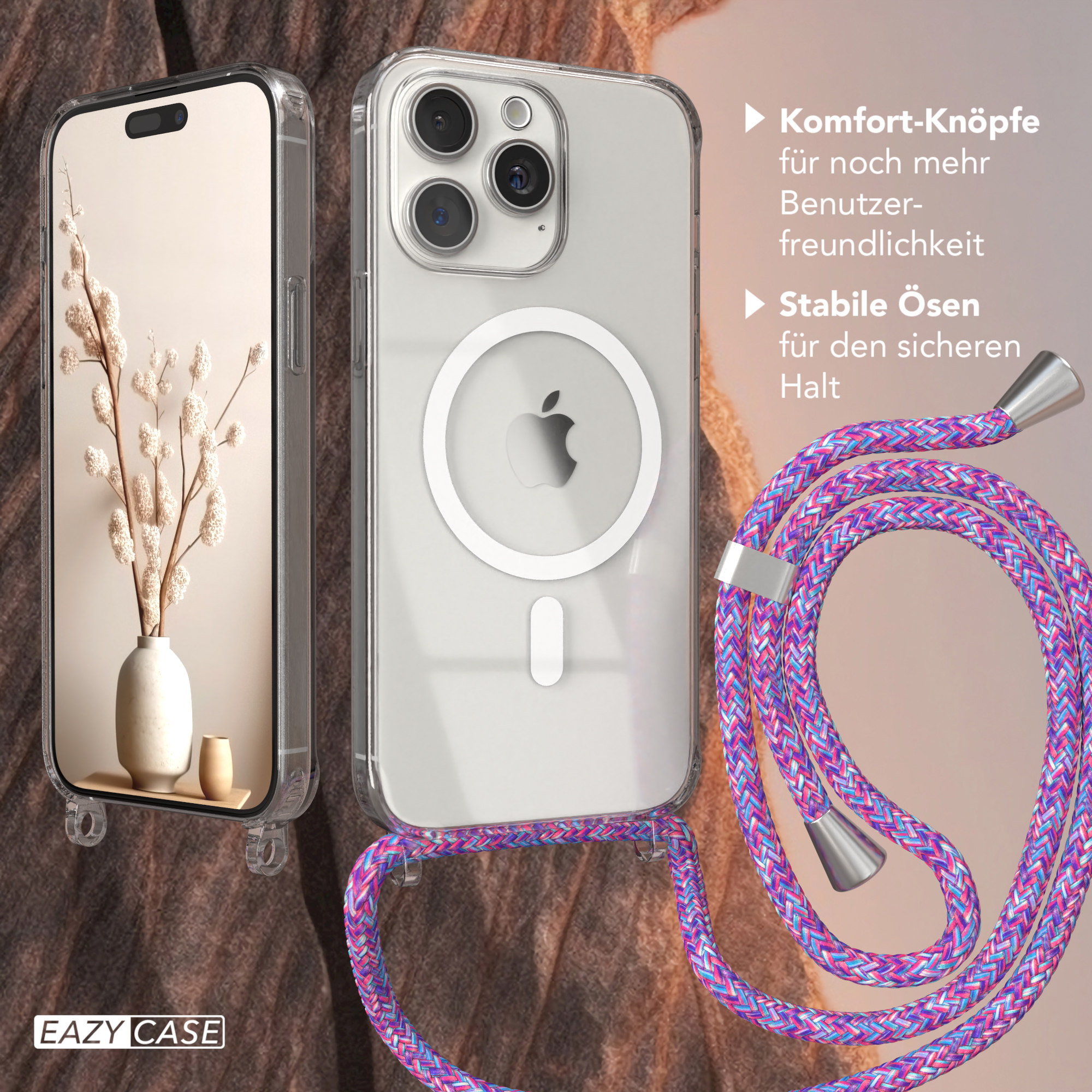 Apple, Umhängetasche, EAZY Pro / Max, CASE iPhone mit Violett Silber Hülle Clips 15 Magsafe Handykette,