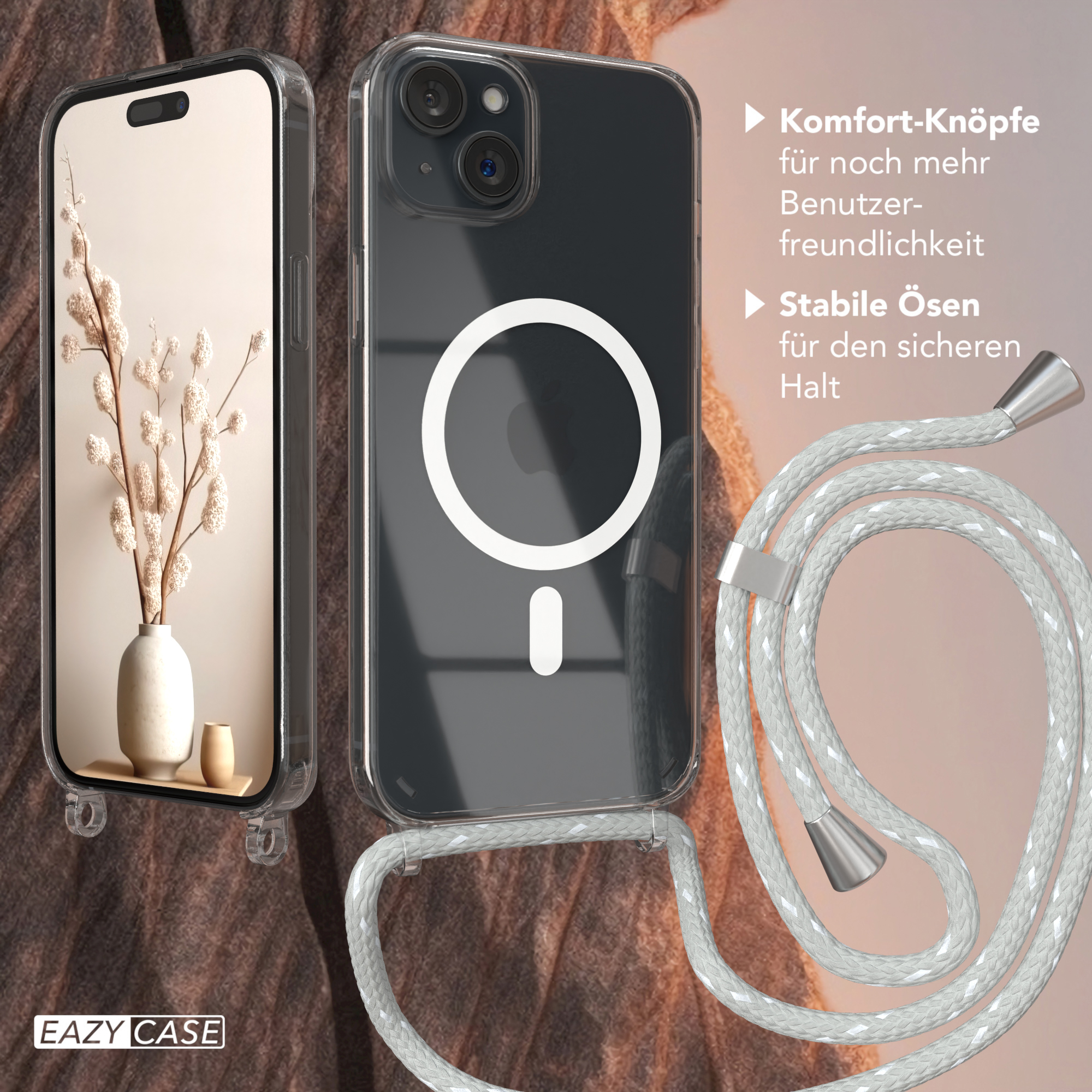 Handyhülle mit weißem Logo und transparenter Hülle. Ein Kabel hängt an der Hülle.