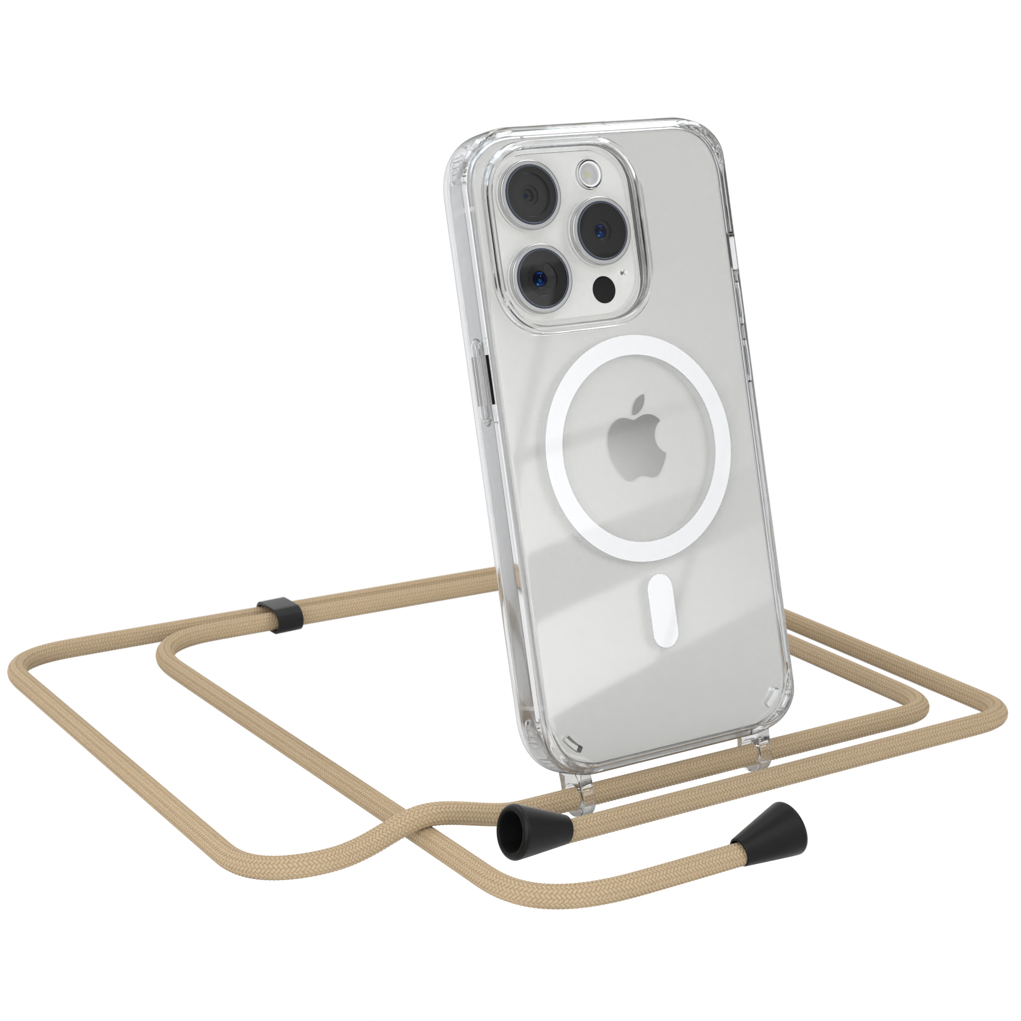 Transparente Handyhülle mit Telefon. Beiges Kabel. Weißer Hintergrund.