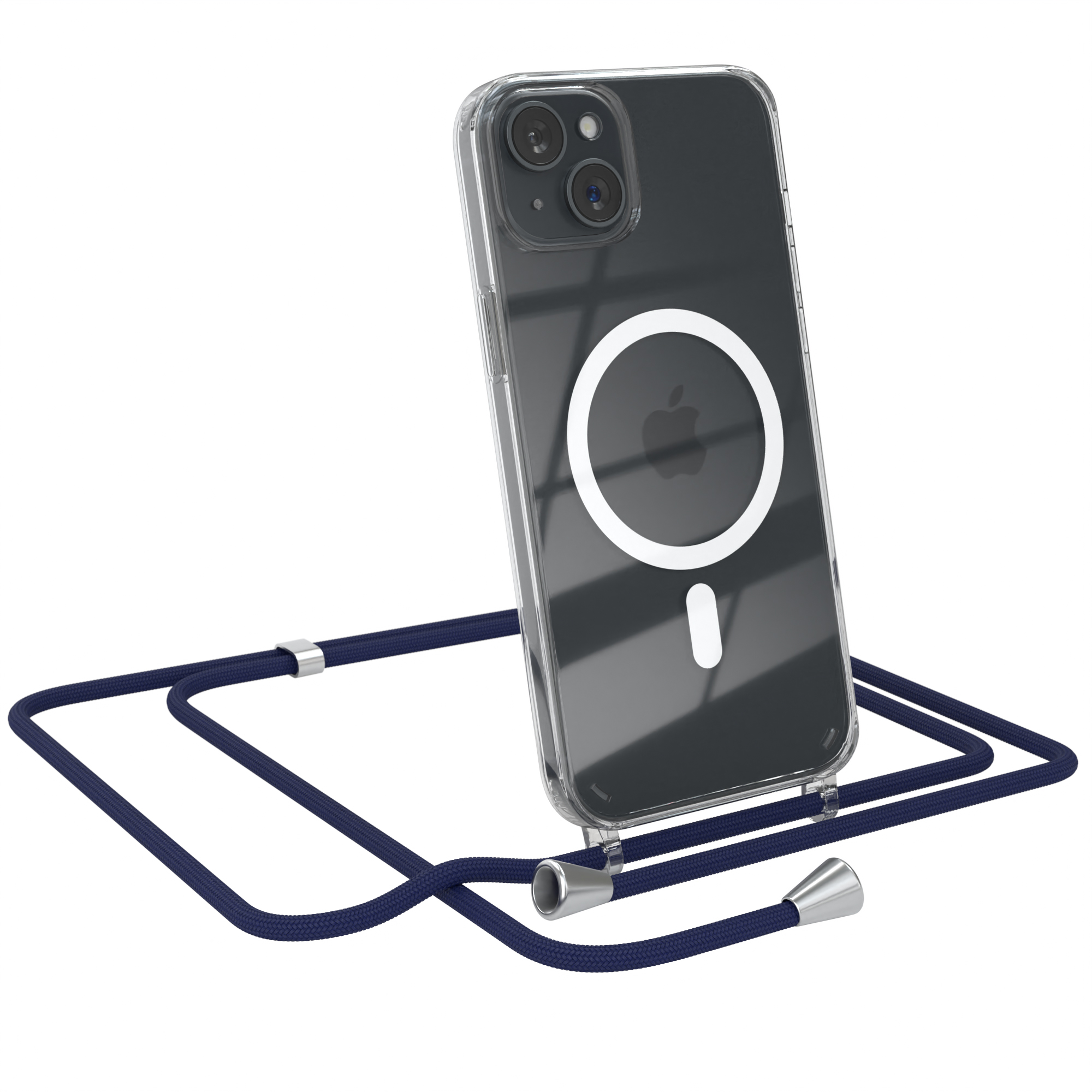 iPhone in einer transparenten Hülle mit blauem Umhängeband. Apple-Logo sichtbar. Weißer Hintergrund.