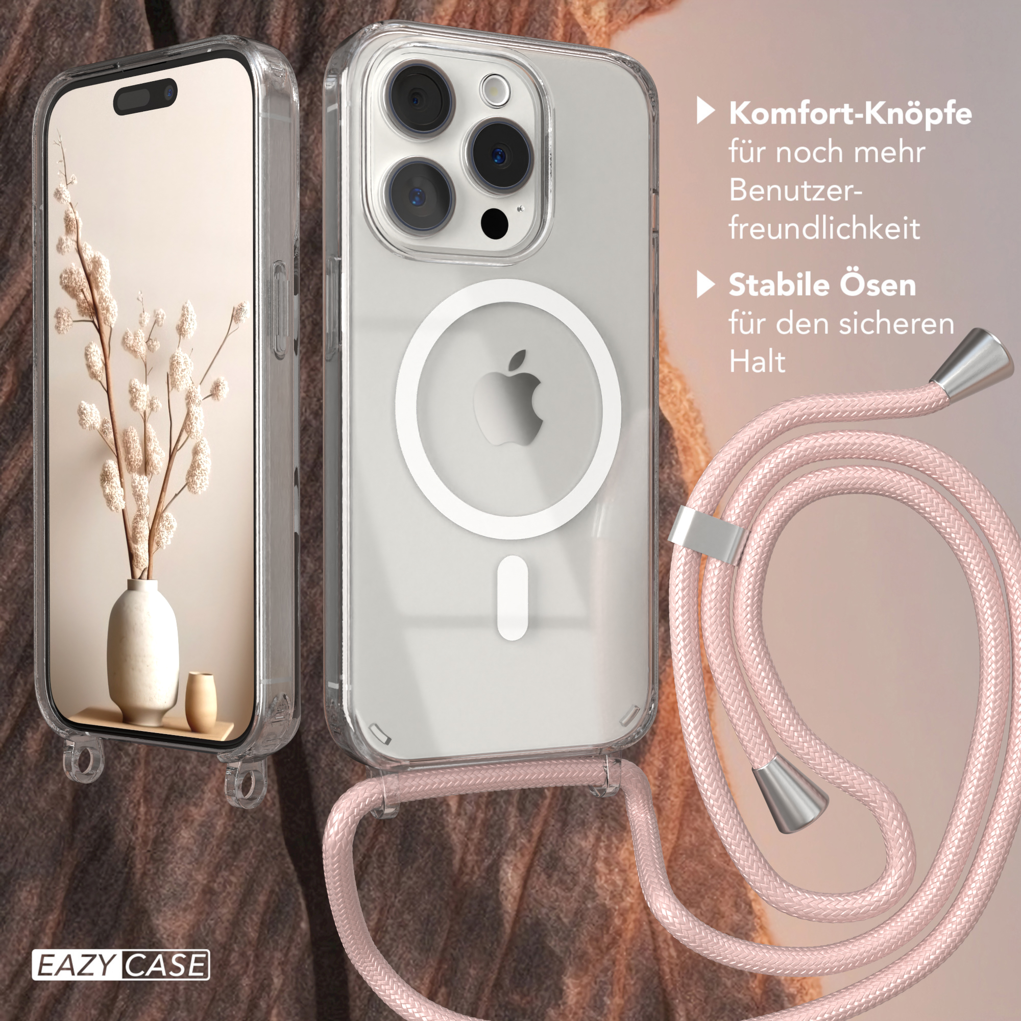 Ein Telefon in einer durchsichtigen Hülle mit einem rosa Gurt. Im Hintergrund eine Vase mit Blumen.