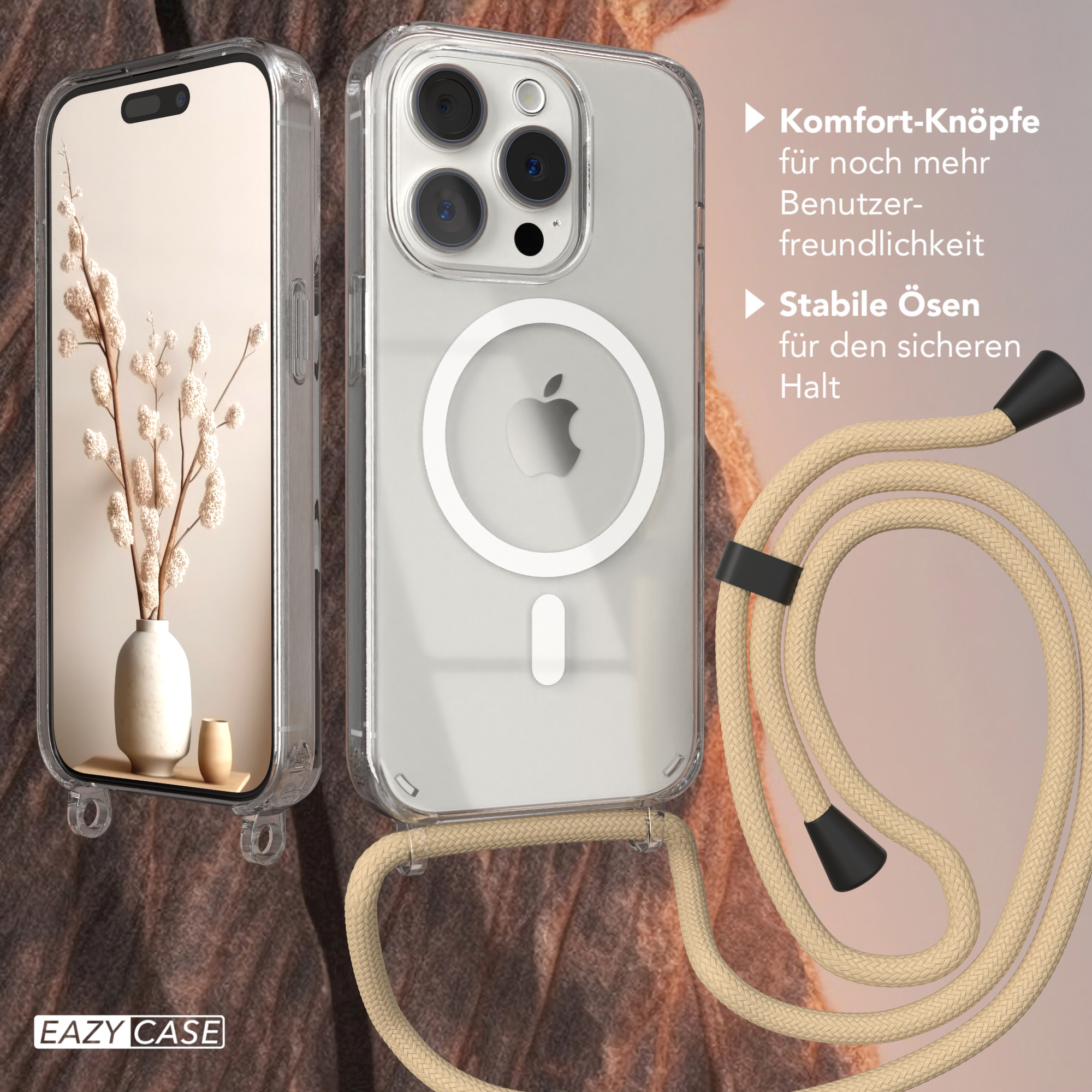 Transparente Handyhülle, mit Telefon und Gurt. Weißes Apple-Logo. Beiger Gurt.