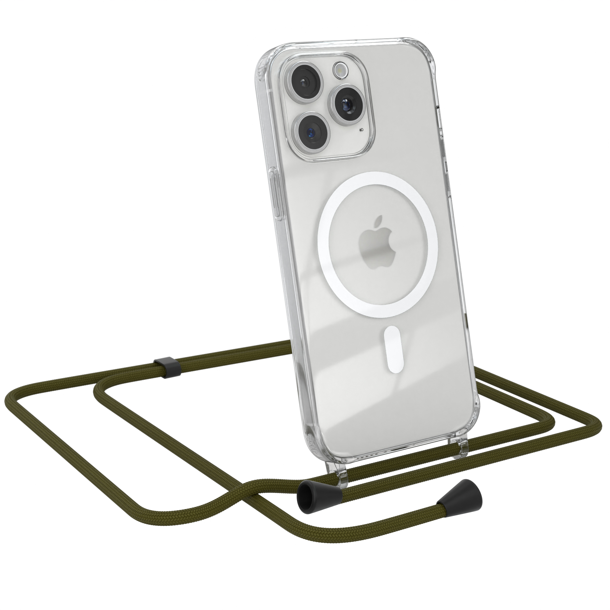 Transparente Handyhülle und Telefon mit olivgrünem Gurt auf weißem Hintergrund.