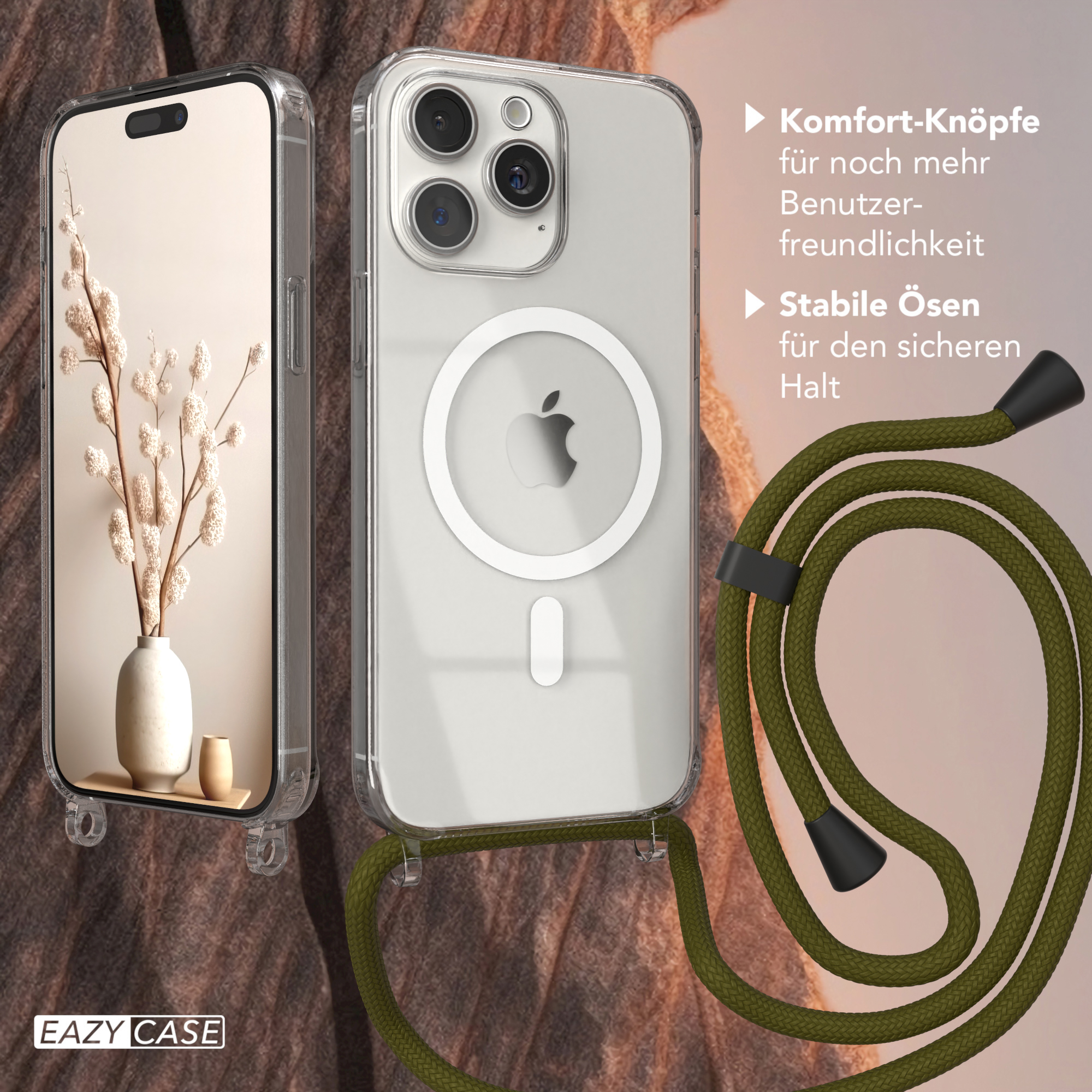 Klare Handyhülle mit Telefon und grünem Kabel. Vase mit Pflanzen links. Texte rechts.