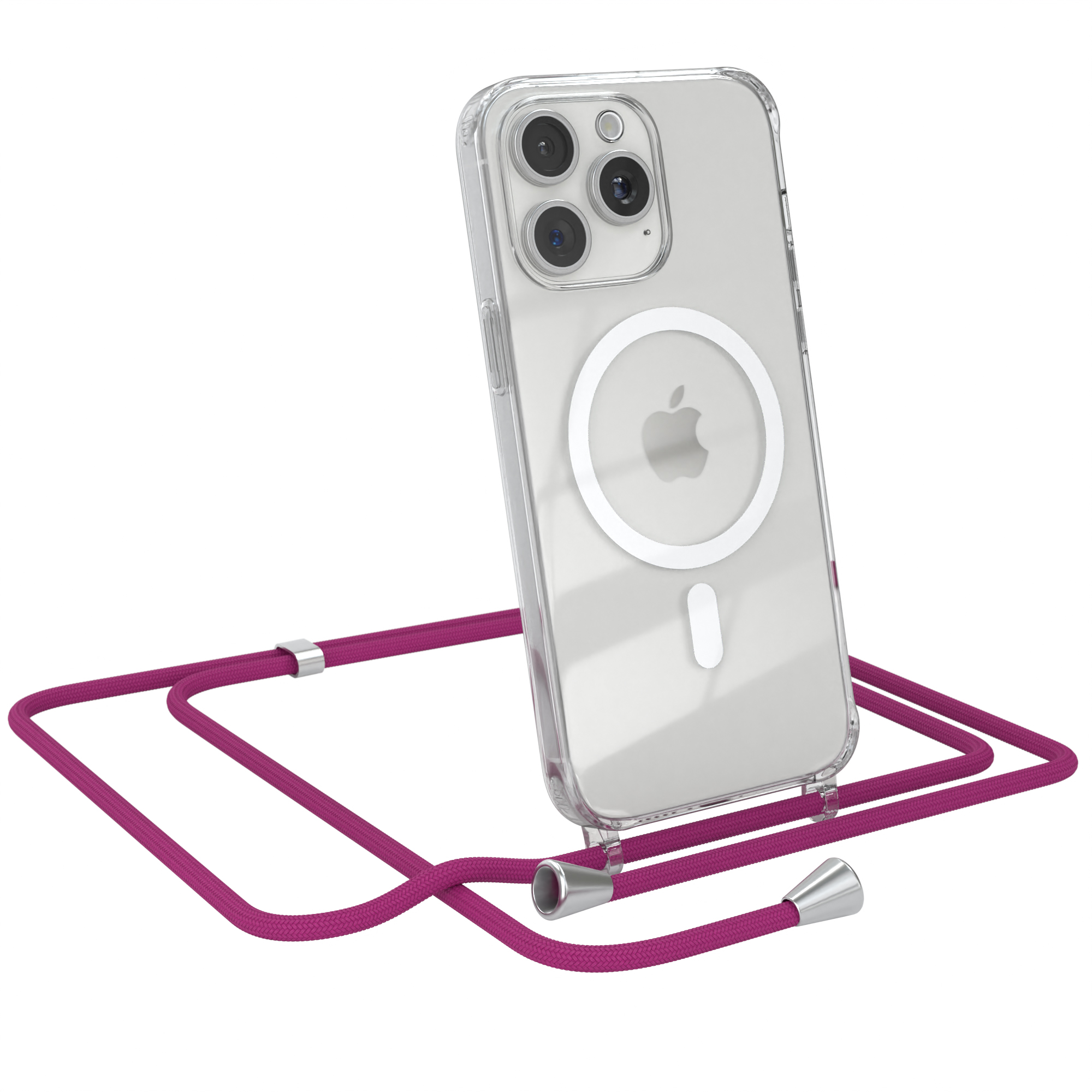 EAZY CASE Magsafe Hülle mit 15 Handykette, Apple, Umhängetasche, Clips Pro Pink Silber iPhone / Max