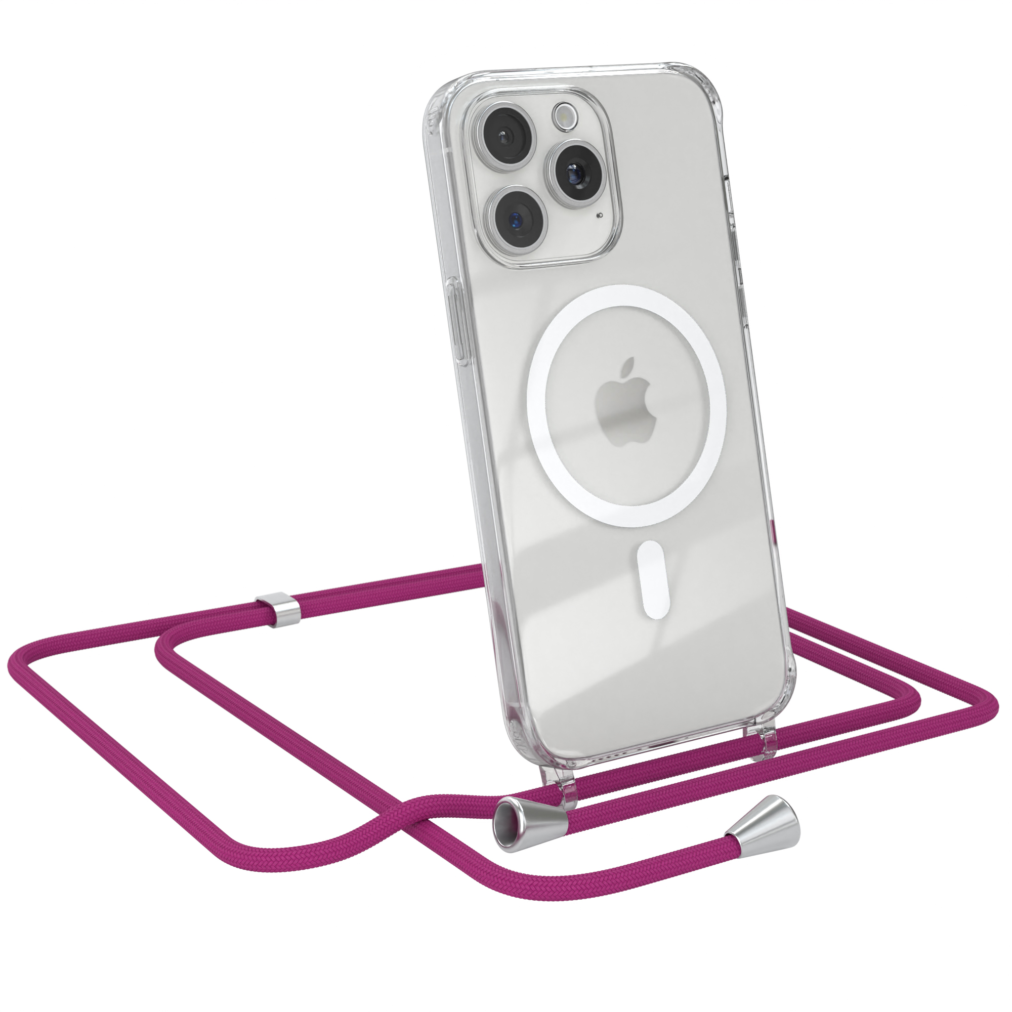 Eine transparente Handyhülle mit einem pinkfarbenen Kabel. Telefon ist in der Hülle. Die Hülle hat einen weißen Kreis.