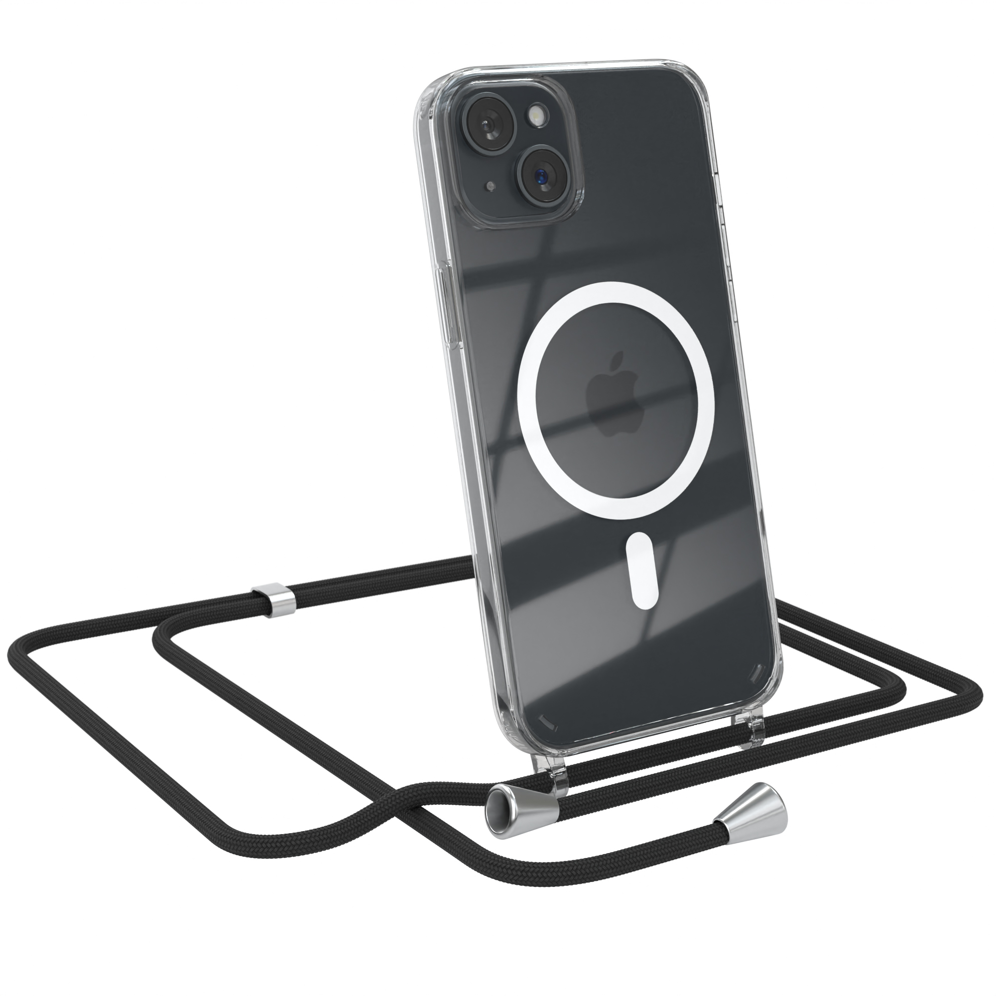 Transparente Handyhülle mit Apple-Logo und Kordel. Schwarze Kordel mit silbernen Enden.