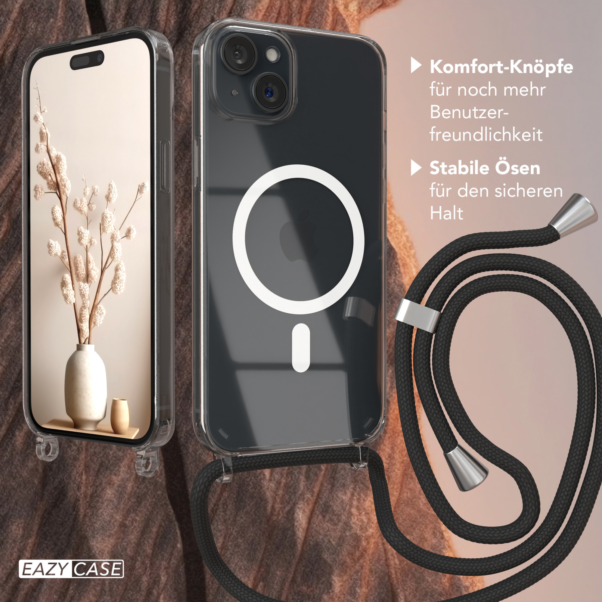Handyhülle mit Telefon, mit schwarzem Lanyard. Ein weißer Kreis befindet sich auf der Rückseite des Telefons.