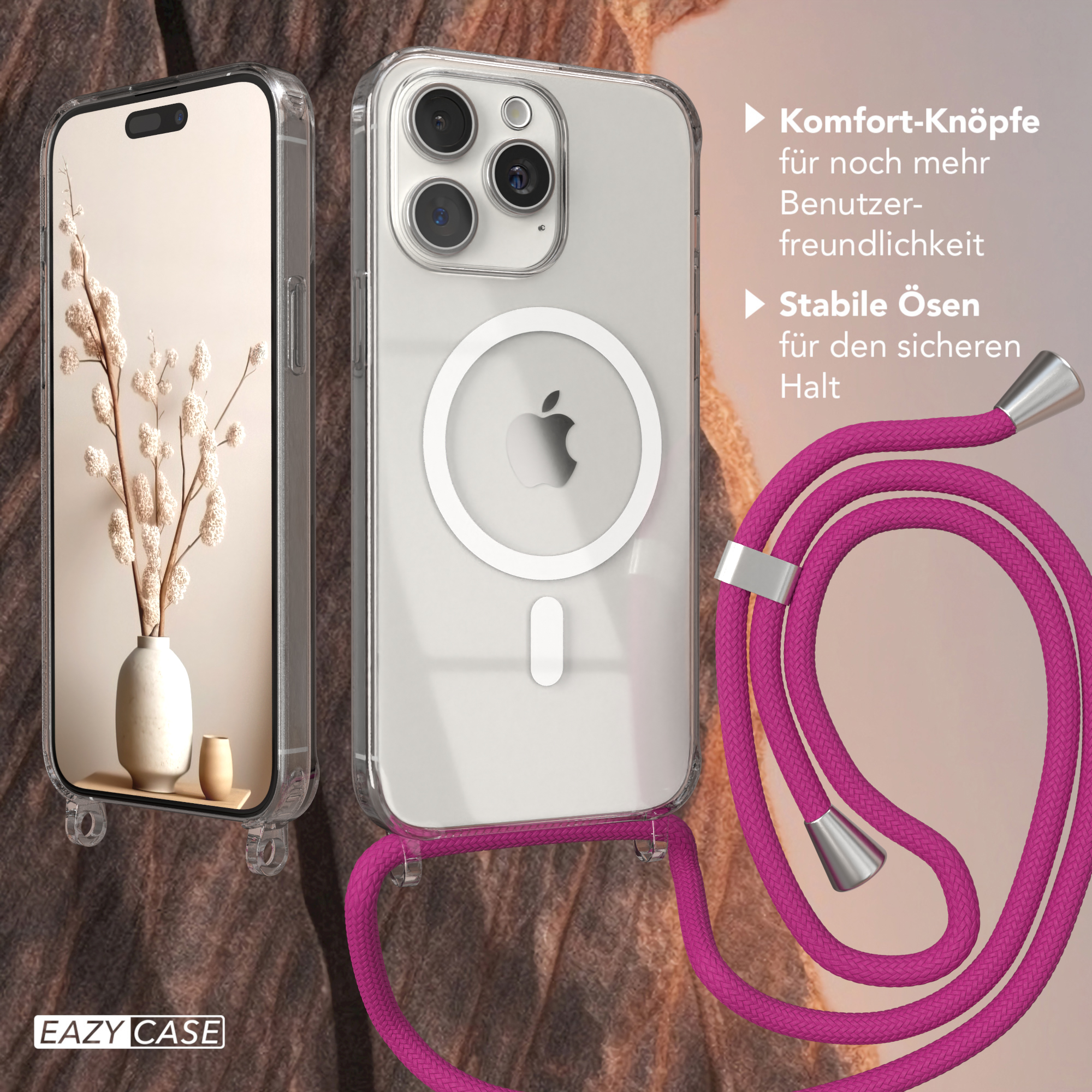 Handyhülle mit Telefon und Kordel. Klare Hülle, weißes Telefon, rosa Kordel, weißer Hintergrund. Vase mit Pflanze.