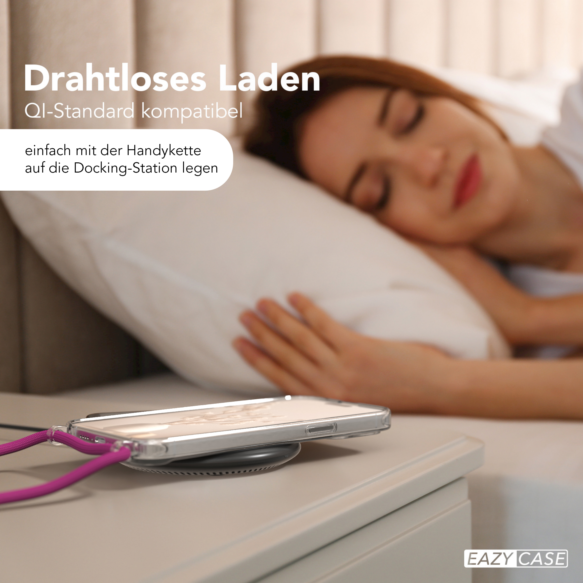 Frau schläft neben einem Nachttisch mit einem kabellos ladenden Telefon. Der Text lautet: Kabelloses Laden.