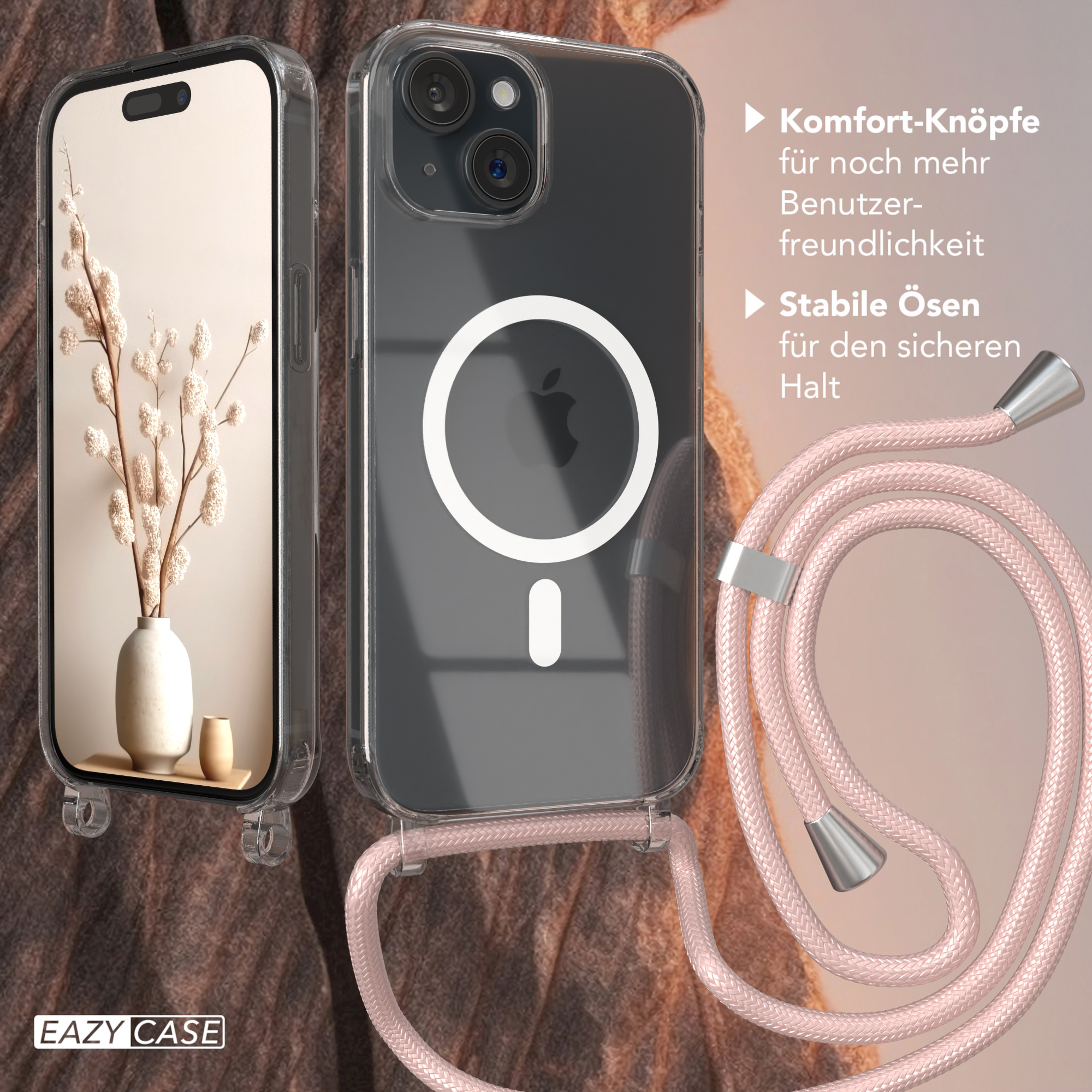 Eine transparente Handyhülle mit pinkfarbenem Schlüsselband und eine Vase mit weißen Blumen.