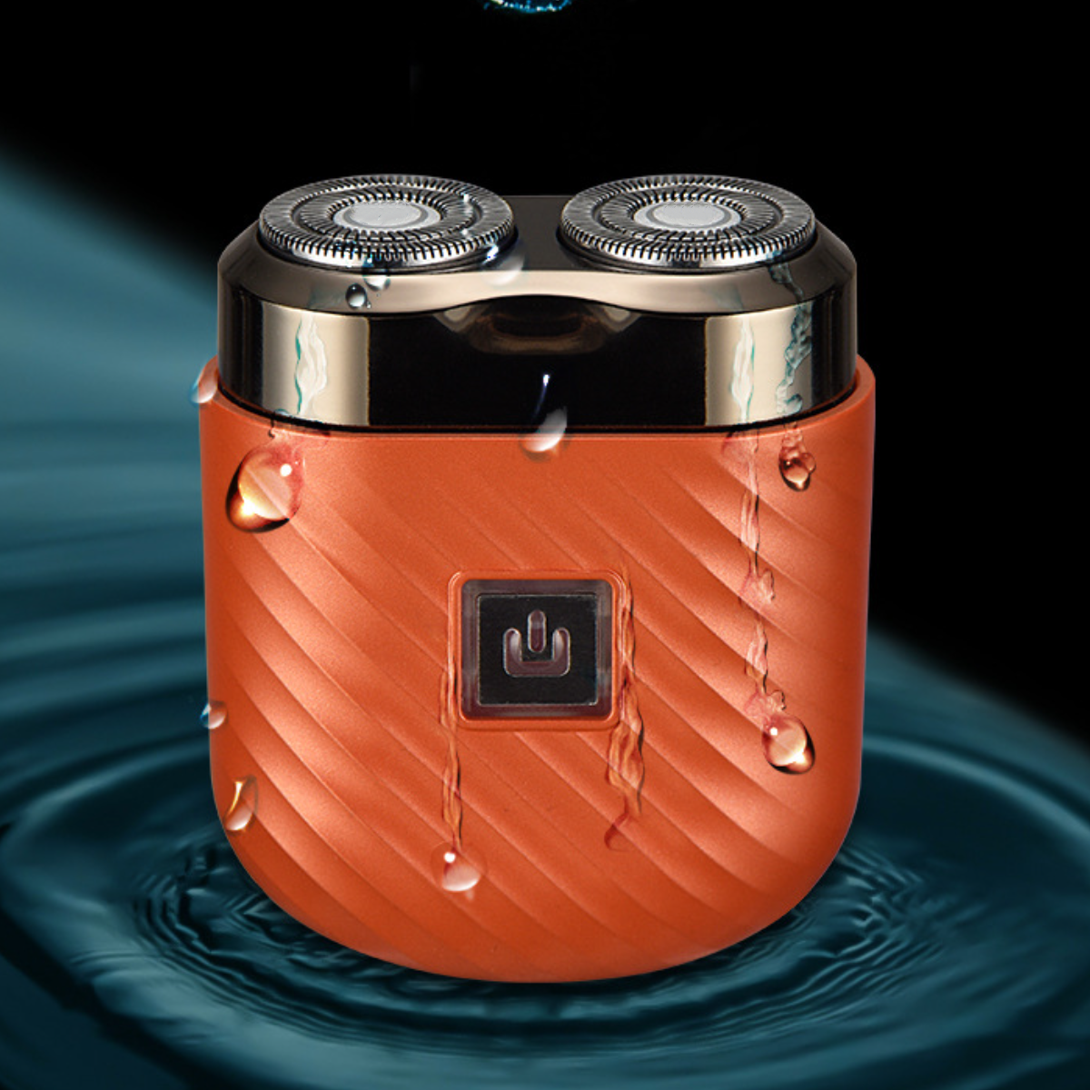 Orangener Elektrorasierer mit zwei Klingen, Wassertropfen.