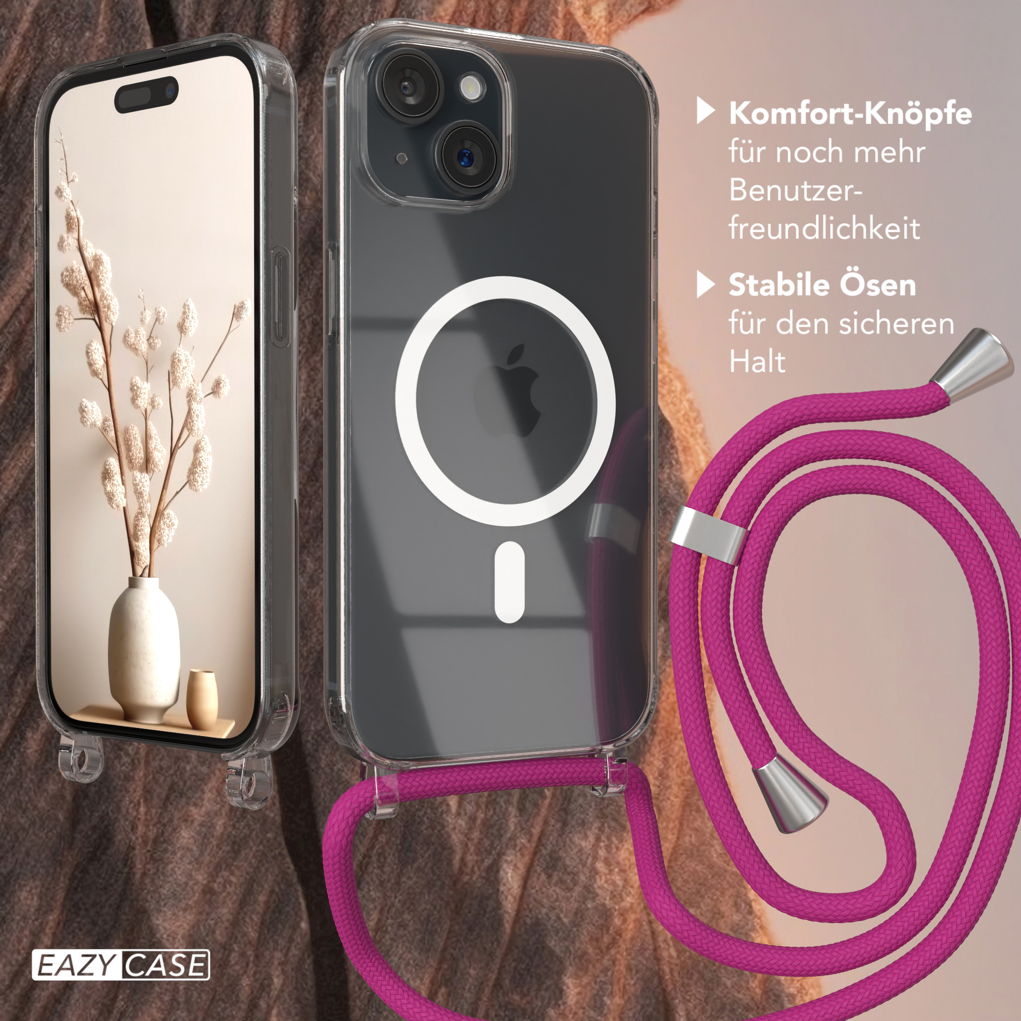 Transparente Handyhülle mit Lanyard, zeigt ein Telefon und eine Pflanze im Hintergrund.