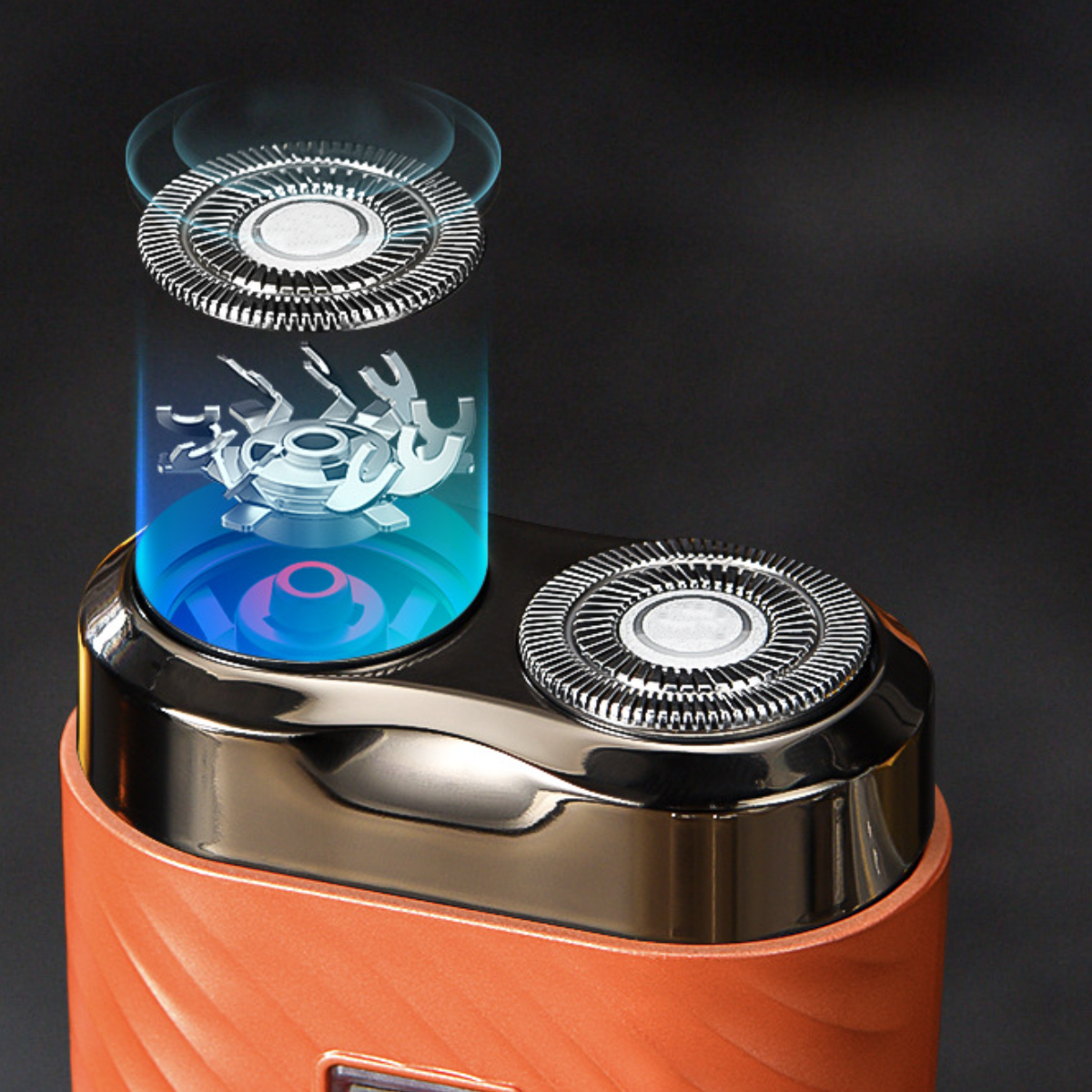 Elektrischer Rasierer in Orange und Silber, mit blau und grün hervorgehobenen Innenteilen.
