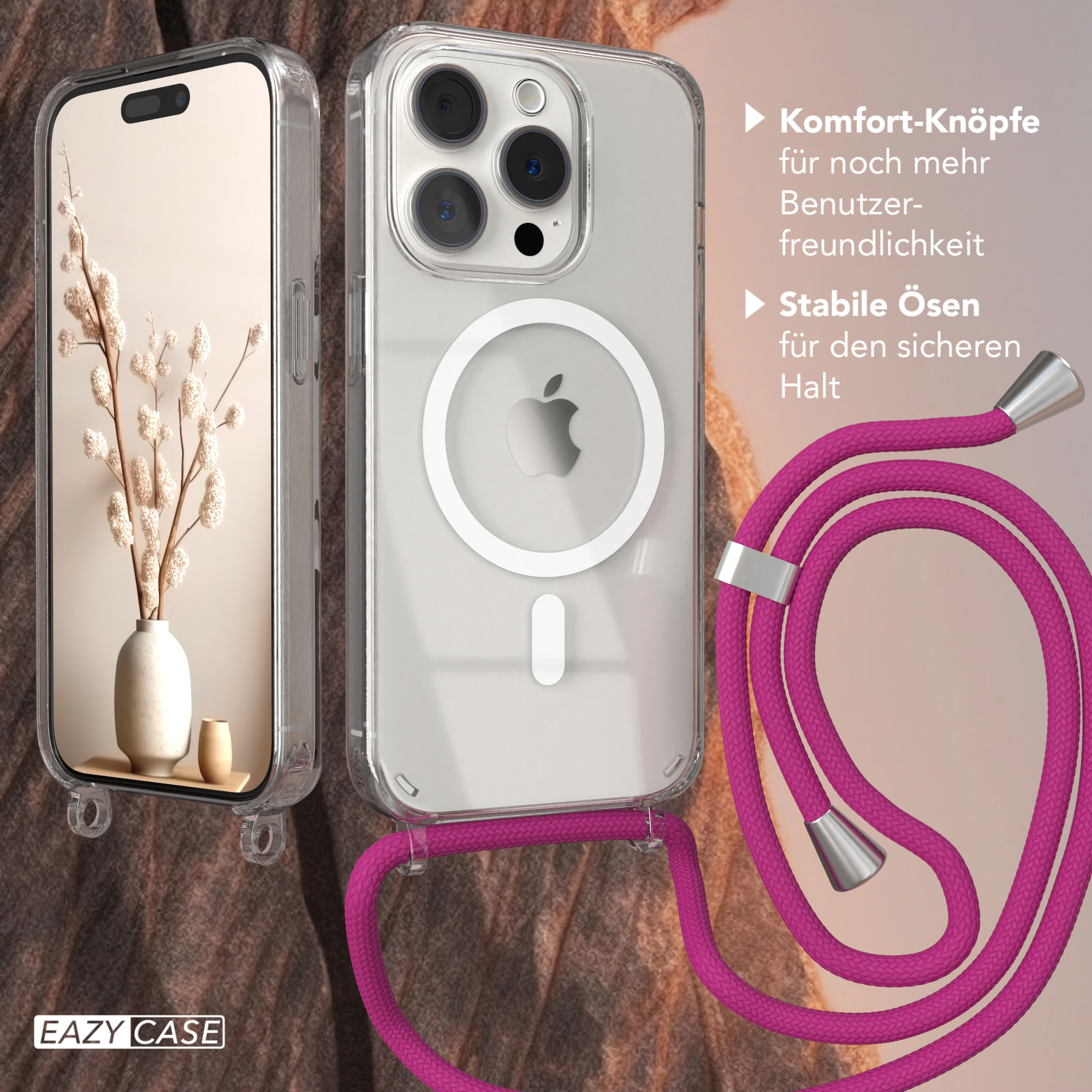 Handykette, Apple, Pink Hülle Clips 15 EAZY iPhone Silber mit Umhängetasche, CASE Pro, Magsafe /