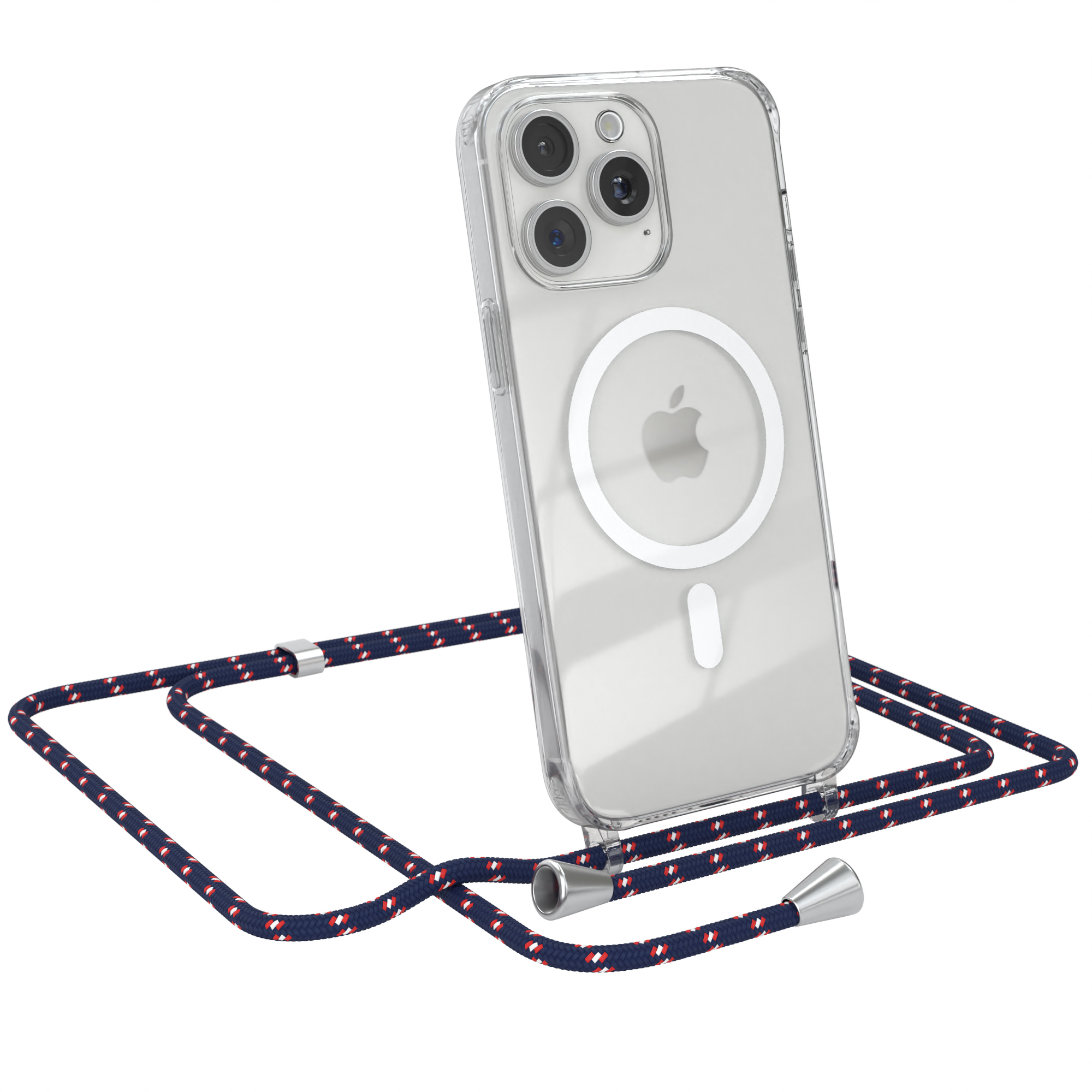 Eine klare Handyhülle mit blau-rot-weißem Lanyard und weißem Magnetring vor weißem Hintergrund.