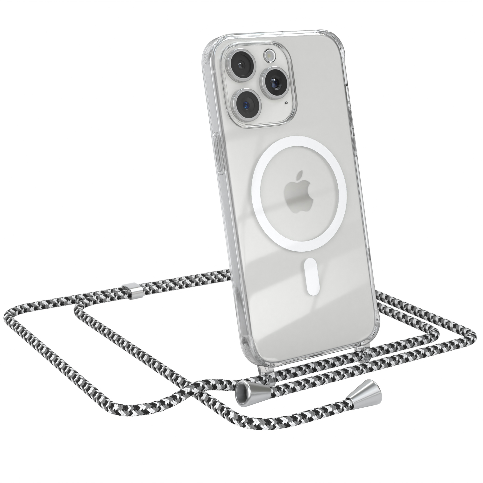 Ein Telefon in einer transparenten Hülle mit einem schwarz-weißen Kabel. Das Telefon hat einen weißen Kreis und einen Ladeanschluss.