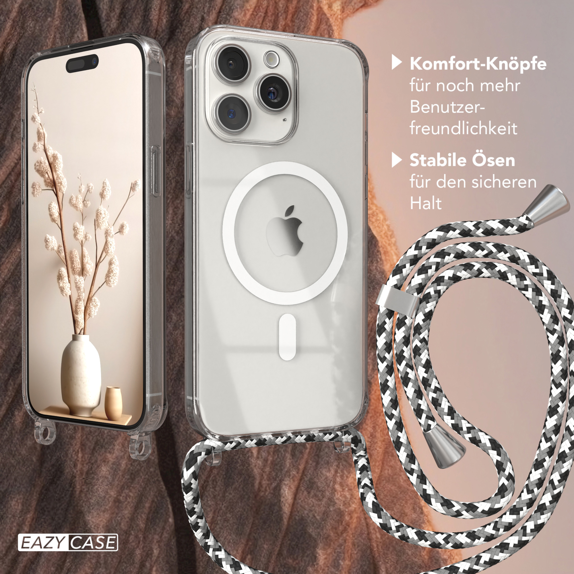 Transparente Handyhülle mit Lanyard, Handy mit Vase und Blumen, Text über Benutzerfreundlichkeit.