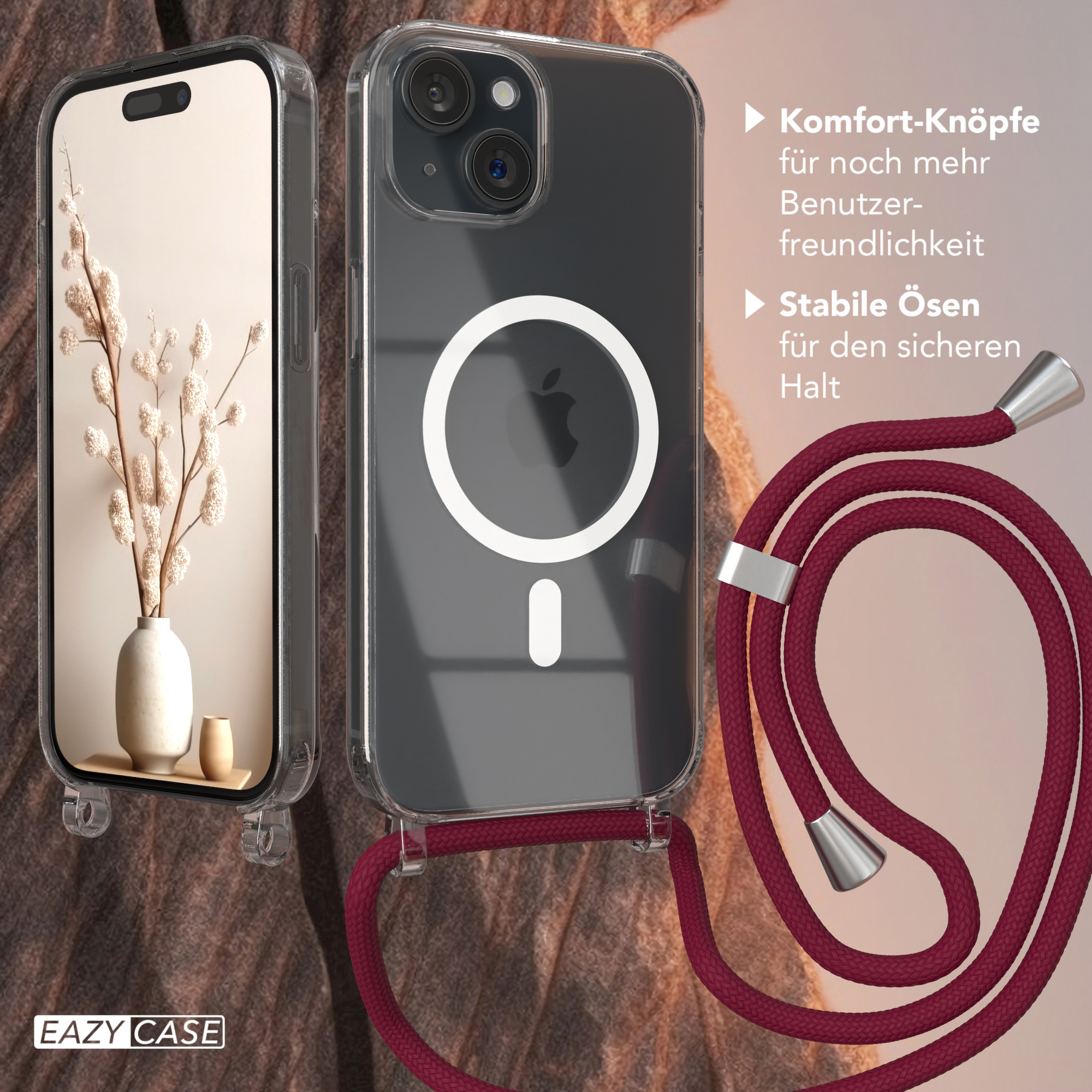 Handyhülle mit Kordel. Hülle mit Ring für MagSafe, Telefon sichtbar. Text über Komfort und Stabilität.